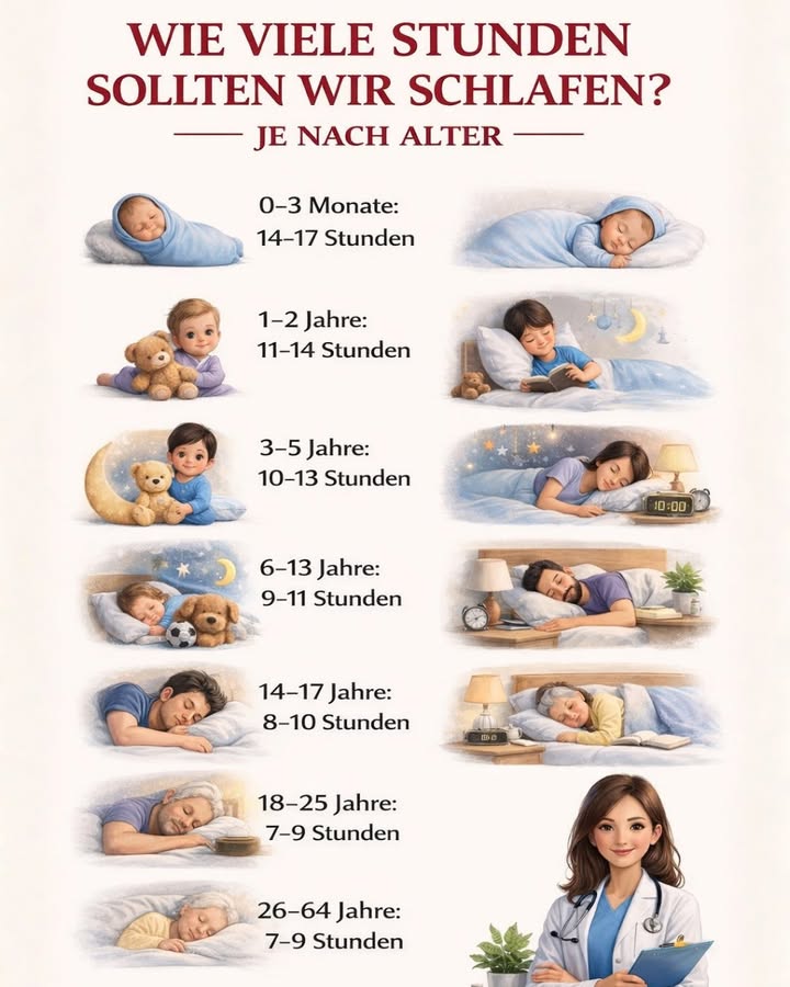 Wie viele Stunden Schlaf braucht unser Körper wirklich?

Schlaf ist keine Zeitverschwendung  er ist lebenswichtig 
Je nach Alter benötigt unser Körper unterschiedlich viel Schlaf, um sich zu regenerieren, zu wachsen und gesund zu bleiben.

 Hier sind die empfohlenen Schlafzeiten nach Alter:

 03 Monate
 1417 Stunden  wichtig für Wachstum und Gehirnentwicklung

笠 12 Jahre
 1114 Stunden  unterstützt Lernen und emotionale Entwicklung

 35 Jahre
 1013 Stunden  fördert Konzentration und Immunsystem

 613 Jahre
 911 Stunden  entscheidend für Schule, Gedächtnis und Energie

 1417 Jahre
 810 Stunden  hilft bei Wachstum, Stimmung und Leistungsfähigkeit

 1825 Jahre
 79 Stunden  wichtig für mentale Gesundheit und Fokus

 2664 Jahre
 79 Stunden  unterstützt Herz, Stoffwechsel und Wohlbefinden

 Gut zu wissen:
Zu wenig Schlaf kann Müdigkeit, Stress, Gewichtszunahme und Konzentrationsprobleme verursachen.