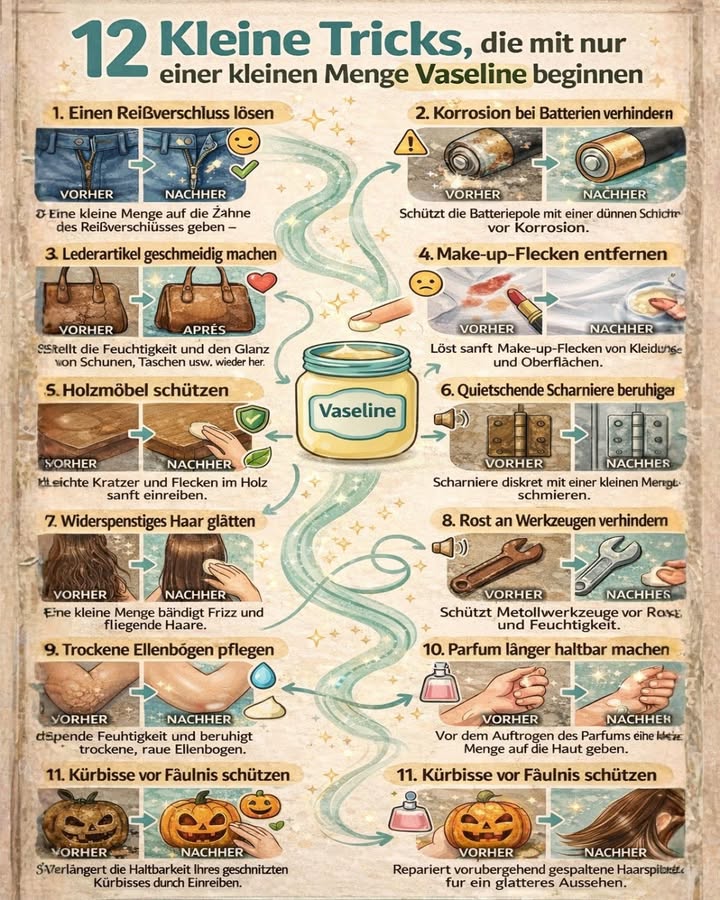 12 geniale Tricks mit nur einer kleinen Menge Vaseline! 

Wussten Sie, dass ein einfacher Tiegel Vaseline Ihr kleiner Alltagsheld sein kann? 
Von Haushalt bis Beauty  diese vielseitige Pflege kann viel mehr, als man denkt!

Hier sind einige überraschende Anwendungen:

 Reißverschluss klemmt?
Ein Hauch auf die Zähne  und er gleitet wieder wie neu!

 Batterien vor Korrosion schützen
Eine dünne Schicht auf die Pole auftragen  das schützt effektiv vor Feuchtigkeit und Rost.

 Lederartikel auffrischen
Taschen, Schuhe oder Gürtel bekommen ihren Glanz und ihre Geschmeidigkeit zurück.

 Make-up-Flecken entfernen
Sanft einmassieren, kurz einwirken lassen  ideal für hartnäckige Flecken.

 Holzmöbel pflegen
Leichte Kratzer und matte Stellen lassen sich wunderbar auffrischen.

 Quietschende Scharniere?
Eine kleine Menge reicht, um das nervige Geräusch zu stoppen.

 Frizz bändigen
Perfekt für fliegende Haare und trockene Spitzen.

 Werkzeuge vor Rost schützen
Ideal für Keller, Garage oder Werkstatt.

 Trockene Ellenbogen pflegen
Spendet intensiv Feuchtigkeit und macht die Haut wieder weich.

 Parfum länger haltbar machen
Vor dem Aufsprühen eine kleine Menge auf die Haut  der Duft hält deutlich länger!

 Geschnitzte Kürbisse schützen
Verlängert die Haltbarkeit und bewahrt das frische Aussehen.

 Spliss kaschieren
Für ein glatteres, gepflegteres Haar-Finish.

 Unglaublich, was so ein kleines Produkt alles kann, oder?
Manchmal sind es die einfachsten Dinge, die den größten Unterschied machen!