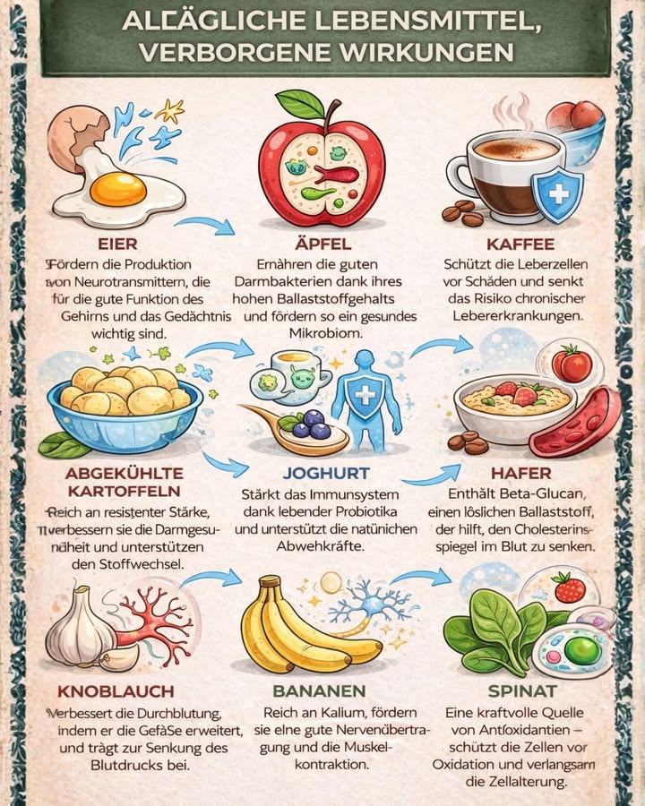 Wusstest du, dass alltägliche Lebensmittel erstaunliche, versteckte Wirkungen auf deinen Körper haben können?

Viele der Zutaten, die wir täglich essen, enthalten wertvolle Nährstoffe, die wichtige Prozesse im Körper unterstützen. Hier sind einige spannende Beispiele:

讀 Eier liefern Bausteine für Neurotransmitter und unterstützen so Konzentration und Gedächtnis.
 Äpfel fördern dank ihrer Ballaststoffe ein gesundes Mikrobiom und unterstützen die Darmflora.
 Kaffee enthält antioxidative Verbindungen, die die Zellen schützen können.
凜 Abgekühlte Kartoffeln sind reich an resistenter Stärke und tragen zur Darmgesundheit bei.
北 Joghurt mit lebenden Kulturen unterstützt das Immunsystem.
 Hafer liefert Beta-Glucan  eine lösliche Faser, die zur Aufrechterhaltung eines normalen Cholesterinspiegels beitragen kann.
龍 Knoblauch ist bekannt für seine positiven Eigenschaften im Zusammenhang mit der Durchblutung.
 Bananen versorgen den Körper mit Kalium für Nerven- und Muskelfunktion.
塞 Spinat enthält Antioxidantien, die die Zellen vor oxidativem Stress schützen können.

Es sind oft die einfachen Dinge, die einen großen Unterschied machen. Eine ausgewogene Ernährung mit natürlichen Lebensmitteln kann dein Wohlbefinden langfristig unterstützen.