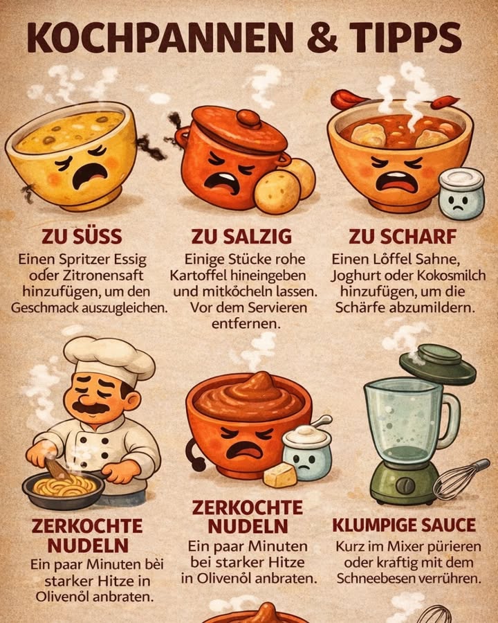 Koch-Notfall? Kein Problem!
Jeder kennt es: Das Essen ist zu süß, zu salzig, zu scharf oder die Sauce klumpt 
Aber keine Sorge  mit diesen einfachen Küchentipps kannst du fast jedes Gericht retten!

 Zu süß?
Ein Spritzer Essig oder Zitronensaft bringt die perfekte Balance zurück.

 Zu salzig?
Ein paar Stücke rohe Kartoffel kurz mitkochen  sie nehmen überschüssiges Salz auf.

 Zu scharf?
Sahne, Joghurt oder Kokosmilch mildern die Schärfe ganz sanft.

 Zerkochte Nudeln?
Kurz in Olivenöl bei starker Hitze anbraten  sie werden wieder lecker!

 Zu sauer?
Ein Hauch Zucker oder Honig gleicht die Säure aus.

 Klumpige Sauce?
Einmal kurz mixen oder kräftig mit dem Schneebesen verrühren  fertig!

 Speichern nicht vergessen, diese Tipps retten mehr Mahlzeiten, als man denkt!