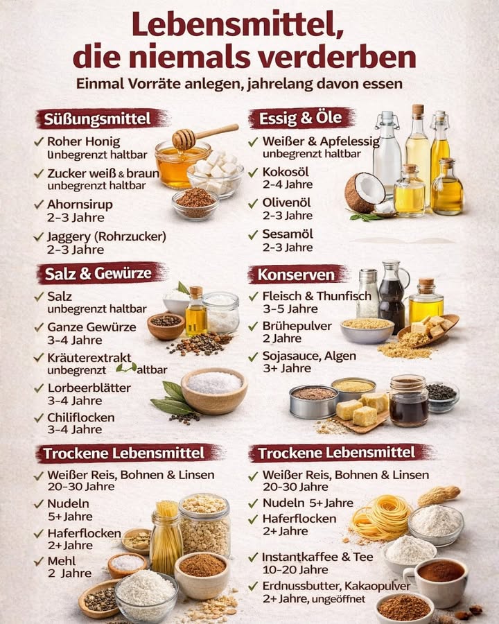 參 Diese Lebensmittel können jahrelang haltbar sein! 

Wusstest du, dass manche Lebensmittel fast nie verderben?
Wenn du sie richtig lagerst, kannst du sie jahrelang  manchmal sogar jahrzehntelang  aufbewahren.

Hier sind einige überraschende Beispiele 

 Roher Honig ist praktisch unbegrenzt haltbar. Archäologen haben sogar Honig gefunden, der über 3000 Jahre alt war und noch essbar blieb!

蓼 Salz und Zucker verderben praktisch nie, solange sie trocken gelagert werden.

 Weißer Reis kann bei guter Lagerung bis zu 30 Jahre haltbar sein.

齃 Getrocknete Bohnen und Linsen können 810 Jahre halten.

 Instantkaffee kann 10 bis 20 Jahre haltbar bleiben, wenn er ungeöffnet ist.

林 Essig gehört ebenfalls zu den Lebensmitteln mit sehr langer Haltbarkeit.

 Tipp: Lagere diese Lebensmittel immer kühl, trocken und luftdicht, damit sie möglichst lange haltbar bleiben.