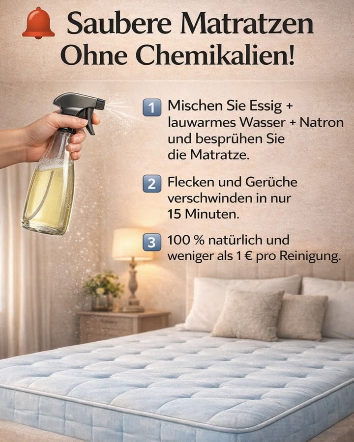 Saubere Matratzen ohne Chemikalien!

Wusstest du, dass sich in deiner Matratze mit der Zeit Schweiß, Staub, Milben und unangenehme Gerüche ansammeln können? 
Und das, obwohl sie sauber aussieht! Zum Glück brauchst du keine teuren oder aggressiven Reiniger  eine natürliche Lösung reicht völlig aus.

Hier ist die einfache Methode 

林 Schritt 1: Natürliche Reinigungslösung herstellen

Mische:

Essig

Lauwarmes Wasser

Natron

Fülle die Mischung in eine Sprühflasche und besprühe die Matratze leicht nicht durchnässen!.

 Schritt 2: 15 Minuten einwirken lassen

Die Kombination wirkt gegen:
 Flecken
 Gerüche
 Bakterien
 Milben

Natron neutralisiert Gerüche, während Essig desinfizierend wirkt.

 Schritt 3: Trocknen lassen

Nach der Einwirkzeit gut lüften.
Optional kannst du die Oberfläche anschließend absaugen.

 Vorteil:

 100 % natürlich
 Ohne aggressive Chemikalien
 Kostet weniger als 1  pro Reinigung
 Schnell & effektiv

 Extra-Tipp: Wiederhole die Reinigung alle 12 Monate für ein frisches und hygienisches Schlafgefühl.

Eine saubere Matratze bedeutet besseren Schlaf und ein gesünderes Zuhause.