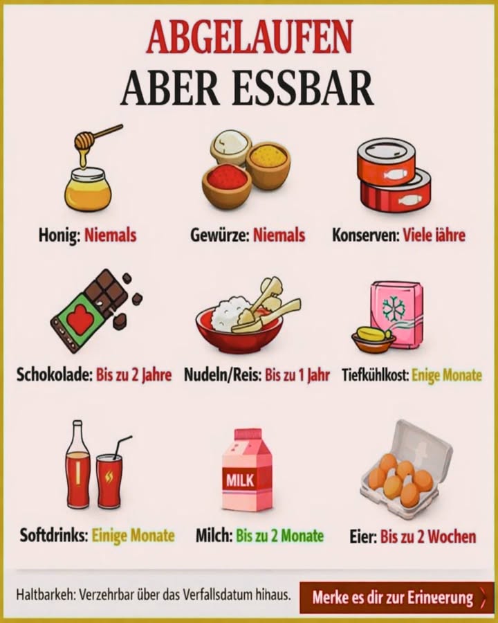Abgelaufen  aber oft noch essbar!

Viele Lebensmittel sind auch nach dem Mindesthaltbarkeitsdatum noch genießbar 
Wichtig ist, richtig zu unterscheiden und immer auf Geruch, Aussehen und Geschmack zu achten.

 Beispiele aus der Grafik:

 Honig  praktisch nie verderblich
 Gewürze  jahrelang haltbar, verlieren meist nur an Aroma
參 Konserven  oft viele Jahre genießbar, wenn ungeöffnet
 Schokolade  bis zu 2 Jahre
 Nudeln / Reis  bis zu 1 Jahr
 Tiefkühlkost  mehrere Monate
磻 Softdrinks  einige Monate
拏 Milch  bis zu 2 Monate ungeöffnet & gekühlt
讀 Eier  bis zu 2 Wochen, wenn richtig gelagert

 Wichtig:
Das Mindesthaltbarkeitsdatum ist kein Wegwerfdatum.
Bei Schimmel, starkem Geruch oder veränderter Konsistenz:  nicht essen!

 Weniger wegwerfen = Geld sparen & Umwelt schützen