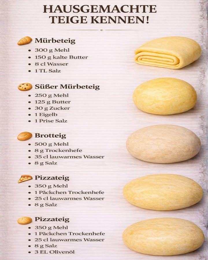 縷 HAUSGEMACHTE TEIGE KENNEN!  Die wichtigsten Grundrezepte im Überblick

Selbstgemachter Teig ist die Basis für unzählige köstliche Rezepte. Ob süß oder herzhaft  mit diesen einfachen Grundrezepten gelingen dir Kuchen, Brot und Pizza garantiert. Hier findest du die Zutaten UND die genaue Zubereitung Schritt für Schritt. 

縷 MÜRBETEIG Herzhaft

Zutaten:

300 g Mehl

150 g kalte Butter

8 cl Wasser

1 TL Salz

Zubereitung:

Mehl und Salz in eine Schüssel geben.

Kalte Butter in kleine Stücke schneiden und mit den Fingern rasch ins Mehl einarbeiten, bis eine krümelige Masse entsteht.

Kaltes Wasser hinzufügen und schnell zu einem glatten Teig verkneten nicht zu lange kneten!.

In Frischhaltefolie wickeln und mindestens 30 Minuten im Kühlschrank ruhen lassen.

 Ideal für Quiches, herzhafte Tartes oder Pasteten.

 SÜSSER MÜRBETEIG

Zutaten:

250 g Mehl

125 g Butter

30 g Zucker

1 Eigelb

1 Prise Salz

Zubereitung:

Mehl, Zucker und Salz mischen.

Butter einarbeiten, bis die Masse sandig wird.

Eigelb hinzufügen und alles zu einem glatten Teig verkneten.

3060 Minuten kaltstellen.

 Perfekt für Kekse, Obstkuchen oder Tartes.

 BROTTEIG

Zutaten:

500 g Mehl

8 g Trockenhefe

35 cl lauwarmes Wasser

8 g Salz

Zubereitung:

Mehl und Trockenhefe mischen.

Lauwarmes Wasser hinzufügen und kurz vermengen.

Salz dazugeben und 810 Minuten kräftig kneten.

Abgedeckt 1 Stunde gehen lassen, bis sich das Volumen verdoppelt hat.

Formen und bei 220 C ca. 3035 Minuten backen.

 Für knuspriges, selbstgemachtes Brot mit herrlicher Kruste.

 PIZZATEIG Klassisch

Zutaten:

350 g Mehl

1 Päckchen Trockenhefe

25 cl lauwarmes Wasser

8 g Salz

Zubereitung:

Mehl und Hefe vermengen.

Wasser hinzufügen und kurz kneten.

Salz einarbeiten und 810 Minuten weiterkneten.

1 Stunde ruhen lassen.

Dünn ausrollen, belegen und bei 250 C 1015 Minuten backen.

 PIZZATEIG MIT OLIVENÖL

Zutaten:

350 g Mehl

1 Päckchen Trockenhefe

25 cl lauwarmes Wasser

8 g Salz

3 EL Olivenöl

Zubereitung:

Mehl und Hefe mischen.

Wasser und Olivenöl hinzufügen.

Salz einarbeiten und alles 10 Minuten kneten.

12 Stunden gehen lassen für besonders luftigen Teig.

Ausrollen, belegen und sehr heiß backen.

 Das Olivenöl macht den Teig elastischer und aromatischer.

Mit diesen Grundrezepten hast du die perfekte Basis für viele hausgemachte Spezialitäten. Selbstgemacht schmeckt einfach am besten!