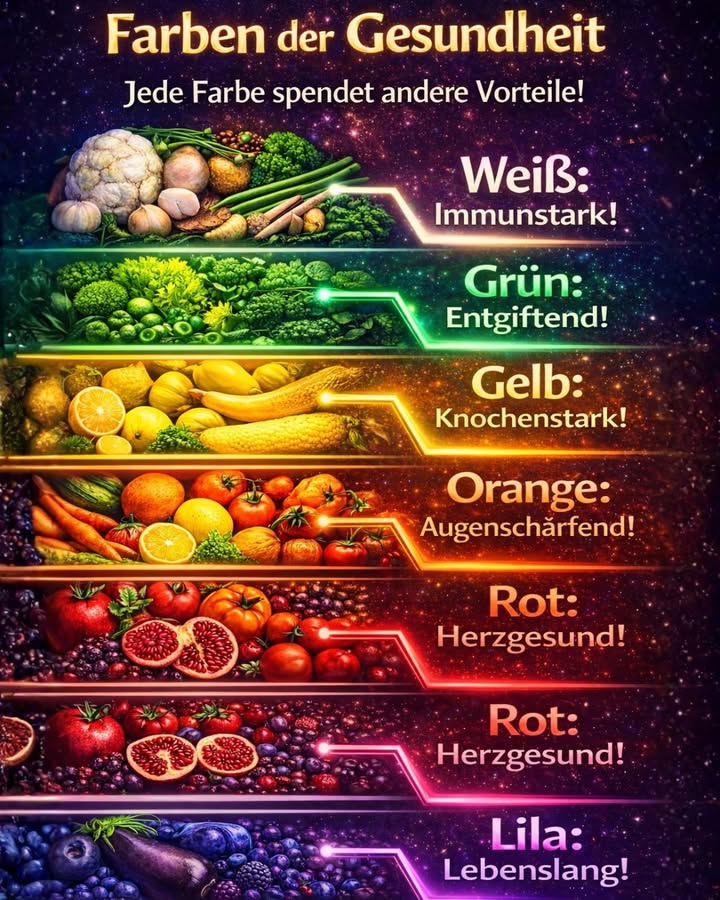 Farben der Gesundheit  Iss den Regenbogen!

Wusstest du, dass die Farbe von Obst und Gemüse oft zeigt, welche gesundheitlichen Vorteile sie haben? Jede Farbe enthält besondere Nährstoffe, die deinem Körper auf unterschiedliche Weise helfen. Wenn du viele verschiedene Farben isst, versorgst du deinen Körper mit einer Vielzahl wichtiger Vitamine und Antioxidantien.

 Weiße Lebensmittel Knoblauch, Zwiebeln, Blumenkohl
Sie unterstützen das Immunsystem und helfen dem Körper, sich gegen Krankheiten zu schützen.

 Grüne Lebensmittel Spinat, Brokkoli, Avocado
Sie fördern die Entgiftung des Körpers, reinigen den Organismus und liefern viele Mineralstoffe.

 Gelbe Lebensmittel Mais, Zitrone, gelbe Paprika
Sie sind gut für Haut und Knochen und enthalten wichtige Vitamine wie Vitamin C.

 Orange Lebensmittel Karotten, Kürbis, Orangen
Sie unterstützen die Sehkraft und enthalten Beta-Carotin, das auch zum Schutz der Zellen beitragen kann.

 Rote Lebensmittel Tomaten, Granatapfel, Erdbeeren
Sie fördern ein gesundes Herz und eine gute Durchblutung.

 Lila Lebensmittel Blaubeeren, Auberginen, Brombeeren
Sie sind reich an Antioxidantien und können helfen, die Zellalterung zu verlangsamen.

 Tipp: Versuche jeden Tag Lebensmittel aus mehreren Farben zu essen. Ein bunter Teller ist nicht nur schöner  er ist auch gesünder!