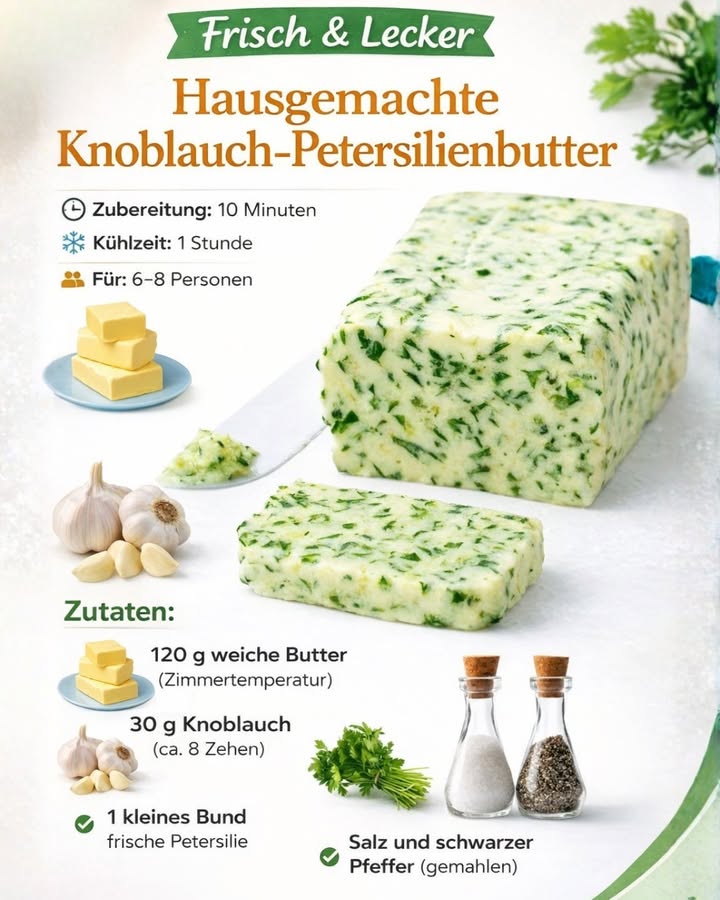 龍 Hausgemachte Knoblauch-Petersilienbutter  Einfach, Schnell & Unglaublich Lecker!

Es gibt kaum etwas Besseres als frisch gebackenes Brot mit selbstgemachter Kräuterbutter 
Diese Knoblauch-Petersilienbutter ist aromatisch, cremig und in nur 10 Minuten vorbereitet!

Perfekt zu:
稜 Baguette oder Ciabatta
數 Gegrilltem Fleisch
 Hähnchen
凜 Ofenkartoffeln
 Garnelen
復 Gemüse aus dem Ofen

 Zubereitungszeit:

10 Minuten
 Kühlzeit: 1 Stunde
 Für 68 Personen

 Zutaten:

 120 g weiche Butter Zimmertemperatur
 30 g Knoblauch ca. 8 Zehen
 1 kleines Bund frische Petersilie
 Salz nach Geschmack
 Frisch gemahlener schwarzer Pfeffer

 Zubereitung:

1 Die Butter rechtzeitig aus dem Kühlschrank nehmen, damit sie schön weich ist.
2 Den Knoblauch schälen und sehr fein hacken oder pressen.
3 Die Petersilie waschen, trocken tupfen und fein schneiden.
4 Alles zusammen mit Salz und Pfeffer gründlich vermengen.
5 Die Buttermasse in Frischhaltefolie einrollen oder in eine Form drücken.
6 Mindestens 1 Stunde im Kühlschrank fest werden lassen.

 Tipp: Du kannst die Butter auch einfrieren und bei Bedarf Scheiben abschneiden!