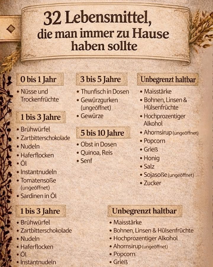 32 Lebensmittel, die man immer zu Hause haben sollte und die lange haltbar sind!

Viele denken, dass Lebensmittel schnell verderben Doch einige Produkte halten sich jahrelang  wenn sie richtig gelagert werden. Hier ist eine praktische Übersicht, um deine Vorräte klug zu organisieren 

 0 bis 1 Jahr haltbar
 Nüsse und Trockenfrüchte

 Perfekt als Snack, fürs Backen oder zum Verfeinern von Gerichten.

 1 bis 3 Jahre haltbar
 Brühwürfel
 Zartbitterschokolade
 Nudeln
 Haferflocken
 Öl
 Instantnudeln
 Tomatensoße ungeöffnet
 Sardinen in Öl

 Ideale Grundzutaten für schnelle, günstige und sättigende Mahlzeiten.

 3 bis 5 Jahre haltbar
 Thunfisch in Dosen
 Gewürzgurken ungeöffnet
 Gewürze

 Perfekt, um Salate, Saucen oder einfache Gerichte geschmacklich aufzuwerten.

 5 bis 10 Jahre haltbar
 Obst in Dosen
 Quinoa
 Reis
 Senf

 Solide Basis für einen langfristig geplanten Vorrat.

 Nahezu unbegrenzt haltbar bei richtiger Lagerung
 Maisstärke
 Bohnen, Linsen & Hülsenfrüchte
 Hochprozentiger Alkohol
 Ahornsirup ungeöffnet
 Popcorn
 Grieß
 Honig
 Salz
 Sojasoße ungeöffnet
 Zucker

 Diese Produkte halten sich extrem lange, wenn sie trocken, kühl und lichtgeschützt gelagert werden.

 Wichtiger Hinweis:
Die Haltbarkeit hängt immer von der Lagerung ab. Nach dem Öffnen verkürzt sich die Aufbewahrungszeit deutlich.

Mit diesen Lebensmitteln im Haus kannst du:
 Zeit sparen
 Lebensmittelverschwendung vermeiden
 Immer eine Mahlzeit zubereiten
 Für unerwartete Situationen vorbereitet sein

Ein echtes Organisationsgeheimnis unserer Großmütter