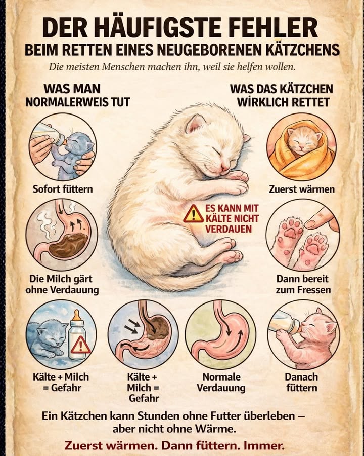 Der häufigste Fehler, wenn man ein neugeborenes Kätzchen rettet

Viele Menschen machen ihn  weil sie helfen wollen.

Wenn man ein kleines Kätzchen findet, ist der erste Instinkt fast immer derselbe:
Man gibt ihm sofort Milch.

Doch genau das kann für ein neugeborenes Kätzchen lebensgefährlich sein.

 Wenn ein Kätzchen zu kalt ist, kann sein Körper die Milch nicht verdauen.
Die Milch bleibt im Magen, beginnt zu gären und kann schwere Probleme verursachen.

 Die wichtigste Regel beim Retten eines Kätzchens:

 ZUERST AUFWÄRMEN.
拏 DANN FÜTTERN.

Ein neugeborenes Kätzchen kann einige Stunden ohne Nahrung überleben,
aber nicht ohne Wärme.

So kannst du helfen:

1 Wickel das Kätzchen in eine warme Decke
2 Halte es vorsichtig warm z.B. mit Körperwärme oder Wärmflasche
3 Warte, bis es warm und aktiv ist
4 Erst dann vorsichtig füttern