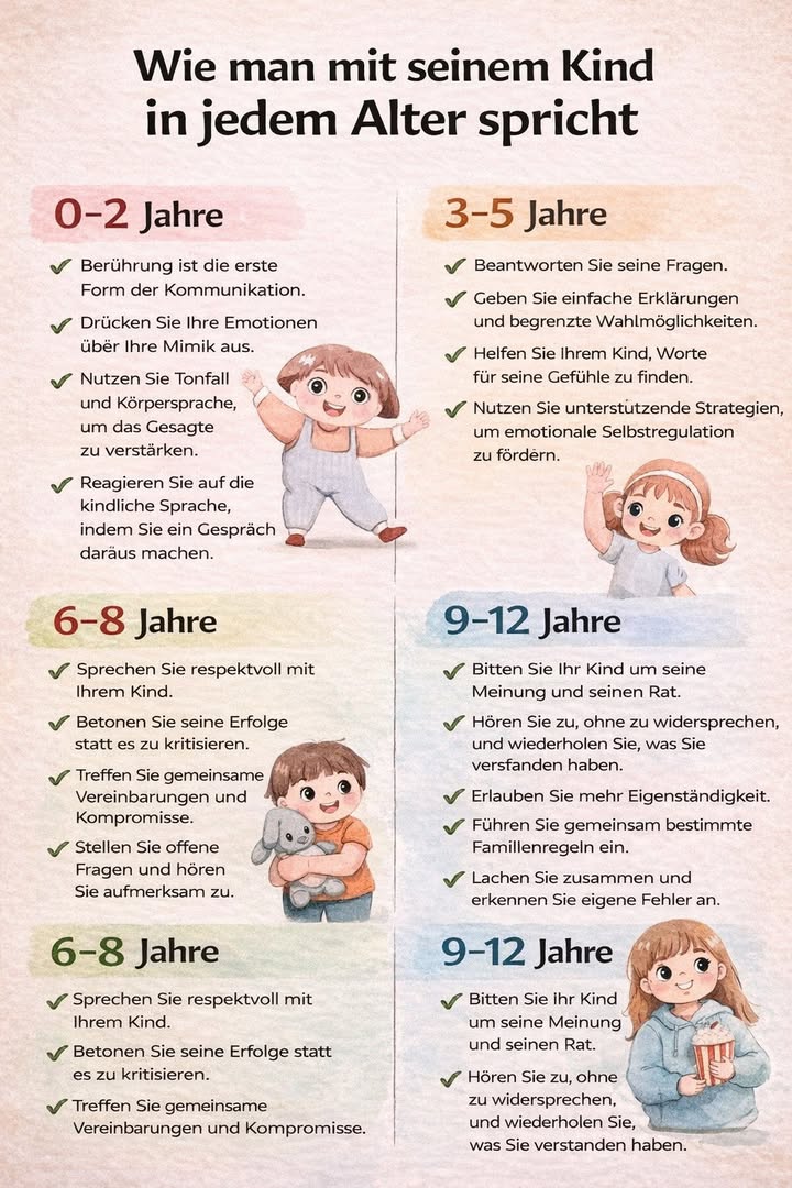 Wie man mit seinem Kind in jedem Alter spricht 

Jedes Alter bringt eigene Bedürfnisse, Gefühle und Herausforderungen mit sich.
Eine liebevolle und altersgerechte Kommunikation stärkt das Vertrauen, die emotionale Entwicklung und die Beziehung zwischen Eltern und Kind.

 02 Jahre
 Nähe, Berührung und Mimik sind die erste Sprache.
Sprechen Sie viel mit Ihrem Kind, nutzen Sie Tonfall und Körpersprache  jedes Wort zählt.

戮 35 Jahre
 Helfen Sie Ihrem Kind, Gefühle in Worte zu fassen.
Beantworten Sie Fragen geduldig und geben Sie einfache Erklärungen.

 68 Jahre
 Selbstständigkeit wächst  Respekt und Zuhören sind jetzt besonders wichtig.
Stellen Sie offene Fragen und würdigen Sie Erfolge statt zu kritisieren.

六 912 Jahre
欄 Kommunikation auf Augenhöhe.
Hören Sie zu, ohne sofort zu urteilen, beziehen Sie Ihr Kind in Entscheidungen ein und erlauben Sie mehr Eigenverantwortung.

 Erziehung beginnt mit Beziehung.
Wer zuhört, versteht  und wer versteht, begleitet sein Kind besser durchs Leben.