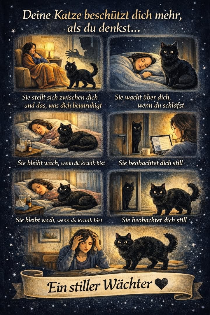 Deine Katze beschützt dich mehr, als du denkst

Sie ist leise. Sie spricht nicht. Und doch ist sie immer da.
Deine Katze nimmt viel mehr wahr, als wir glauben  deine Stimmung, deine Angst, deine Müdigkeit.

 Sie stellt sich zwischen dich und das, was dich beunruhigt.
Wenn du Angst hast, bleibt sie in deiner Nähe. Instinktiv.

 Sie wacht über dich, wenn du schläfst.
Viele Katzen bleiben aufmerksam, besonders nachts  als würden sie aufpassen.

懶 Sie bleibt wach, wenn du krank bist.
Sie spürt, dass etwas nicht stimmt, und verlässt dich nicht.

 Sie beobachtet dich still.
Nicht aus Neugier  sondern aus Verbundenheit.

 Sie wird unruhig, wenn du gestresst bist.
Deine Emotionen sind auch ihre.

Deine Katze braucht keine großen Gesten.
Ihre Liebe ist ruhig. Tief. Beständig.

 Ein stiller Wächter.