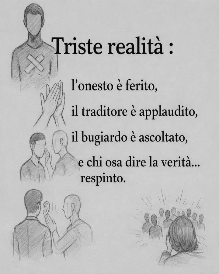 La forza silenziosa della verità

A volte la realtà sembra ingiusta: chi è onesto viene ferito, mentre chi mente o tradisce riceve attenzione e approvazione. Queste dinamiche possono creare frustrazione, ma comprendere come funzionano aiuta a mantenere equilibrio e lucidità.

易 Restare fedeli ai propri valori
Lonestà non sempre riceve un riconoscimento immediato. Tuttavia rappresenta una base solida per relazioni autentiche e per una coscienza serena nel lungo periodo.

 Riconoscere le dinamiche sociali
In alcuni contesti la voce più forte o più convincente ottiene ascolto, anche quando non è la più sincera. Essere consapevoli di questo meccanismo permette di non prendere tutto sul piano personale.

 Proteggere la propria integrità
Dire la verità richiede spesso coraggio. Mantenere coerenza tra parole e azioni rafforza la credibilità e costruisce rispetto nel tempo.

 Coltivare relazioni autentiche
Le persone che apprezzano sincerità e trasparenza tendono a creare legami più stabili e profondi, basati sulla fiducia reciproca.

Anche quando la realtà sembra premiare comportamenti meno corretti, la verità e lintegrità restano valori che nel tempo costruiscono rispetto, fiducia e relazioni più sane.