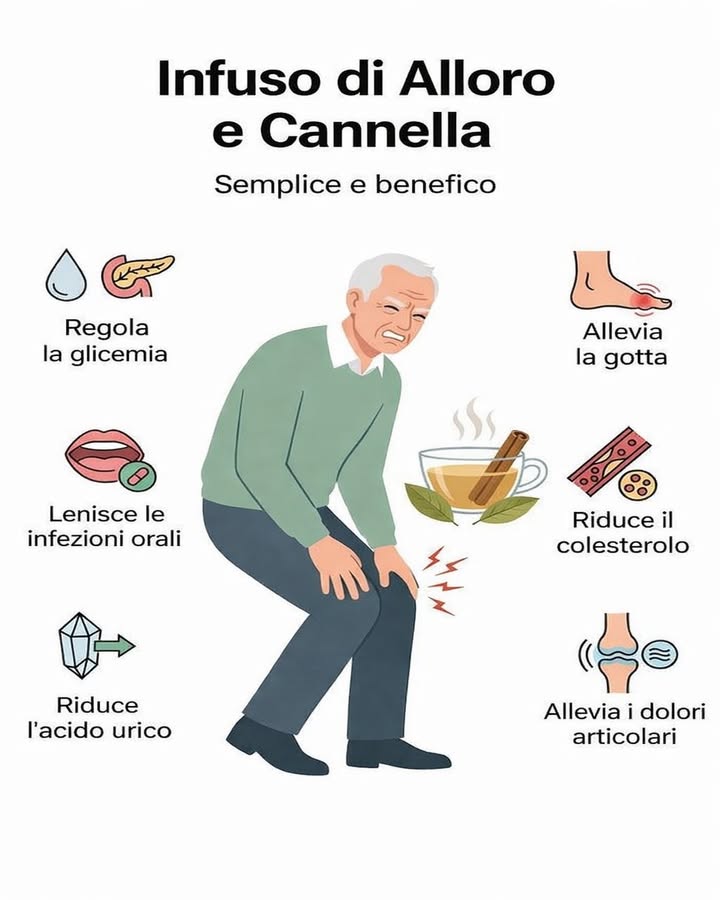 Infuso di Alloro e Cannella
Linfuso di alloro e cannella è una bevanda naturale, semplice da preparare e ricca di proprietà benefiche. Usato con regolarità, può supportare il benessere generale dellorganismo in modo delicato.
 Supporta la glicemia
Lalloro contribuisce al metabolismo degli zuccheri, mentre la cannella è nota per il suo effetto equilibrante sui livelli di glucosio nel sangue.
 Aiuta a ridurre il colesterolo
La combinazione delle due spezie favorisce una migliore salute cardiovascolare e può sostenere il controllo del colesterolo.
例 Allevia dolori articolari e gotta
Grazie alle proprietà antinfiammatorie, linfuso può offrire sollievo in caso di dolori articolari e fastidi legati allacido urico.
醴 Lenisce le infezioni orali
Le sostanze naturali presenti aiutano a mantenere la bocca più sana, contribuendo a ridurre irritazioni e piccoli disturbi orali.
 Favorisce leliminazione dellacido urico
Linfuso sostiene i processi naturali di depurazione dellorganismo.
 Un gesto di benessere quotidiano
Consumare questo infuso rappresenta unabitudine naturale e piacevole, ideale per integrare uno stile di vita equilibrato e orientato al benessere.