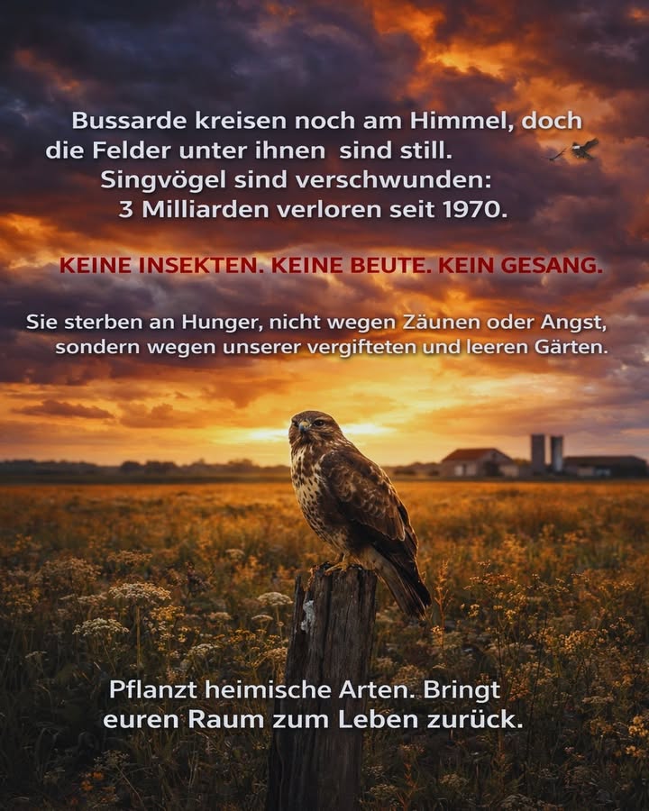 Die Stille auf unseren Feldern wird immer lauter

Bussarde kreisen noch am Himmel  doch unter ihnen wird es still.
Seit 1970 sind über 3 Milliarden Singvögel verschwunden.

Das ist keine ferne Statistik.
Das ist Realität.

 Keine Insekten.
 Keine Beute.
 Kein Gesang.

Vögel sterben nicht an Zäunen.
Nicht an Angst.
Sondern an Hunger.

Unsere Gärten sind zu sauber geworden.
Unsere Felder zu vergiftet.
Unsere Landschaften zu leer.

Wenn Insekten verschwinden, bricht die Nahrungskette zusammen.
Was zuerst still wird, sind die Felder.
Dann die Hecken.
Dann der Himmel.

Aber wir können etwas ändern. 

 Pflanzt heimische Arten.
 Lasst Wildblumen wachsen.
者 Verzichten wir auf Pestizide.
 Schaffen wir Lebensräume statt Steinwüsten.

Jeder Balkon zählt.
Jeder Garten zählt.
Jeder Quadratmeter Natur zählt.

Bringt euren Raum zum Leben zurück 
für die Vögel.
Für die Insekten.
Für die Zukunft.