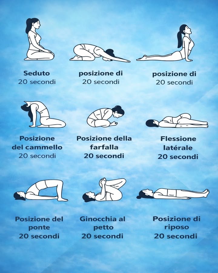 律 Routine dolce di stretching in 20 secondi

Questa sequenza propone una serie di posizioni semplici da mantenere per 20 secondi ciascuna, pensate per accompagnare il corpo in un momento di allungamento e rilassamento. È una routine visivamente ordinata, adatta a chi cerca movimenti lenti, fluidi e facili da seguire.

覆 Posizione seduta
La sequenza inizia con una postura seduta stabile e raccolta. È un modo semplice per rallentare, sistemare il respiro e preparare il corpo ai movimenti successivi.

 Piegamento in avanti
La posizione raccolta in avanti richiama un momento di rilascio e calma. Mantenuta con dolcezza, aiuta a creare una sensazione di distensione nella schiena e nelle spalle.

 Estensione verso lalto
La posizione con il petto aperto e lo sguardo leggermente sollevato porta la routine verso un allungamento più ampio. Questo passaggio dona fluidità alla sequenza e valorizza la mobilità della parte anteriore del corpo.

 Posizione del cammello
La posizione del cammello aggiunge unapertura più intensa ma sempre controllata. È utile per lavorare con gradualità su torace, addome e flessibilità generale.

曆 Posizione della farfalla
La farfalla introduce un momento più morbido e raccolto, con attenzione alla zona delle anche e dellinterno coscia. La postura suggerisce calma, ascolto e movimento delicato.

 Flessione laterale
La flessione laterale completa bene il lavoro di mobilità, aiutando il corpo a distendersi anche nei lati. È una posizione semplice ma molto utile per rendere la sequenza più equilibrata.

 Posizione del ponte
Il ponte porta attivazione e apertura in modo armonioso. Allinterno della routine crea un buon contrasto tra allungamento, sostegno e controllo.

懶 Ginocchia al petto
Questa posizione richiama un momento di rilascio e comfort, particolarmente adatto alla parte finale della sequenza. Aiuta a riportare il corpo verso una sensazione di maggiore morbidezza.

 Posizione di riposo
La chiusura in posizione distesa completa la routine con semplicità. È il passaggio ideale per lasciare al corpo il tempo di assorbire il lavoro svolto con tranquillità.

 Una sequenza come questa unisce mobilità, rilassamento e continuità in pochi minuti. Con tempi brevi e movimenti dolci, il risultato è una pratica semplice, armoniosa e piacevole da inserire nella giornata.