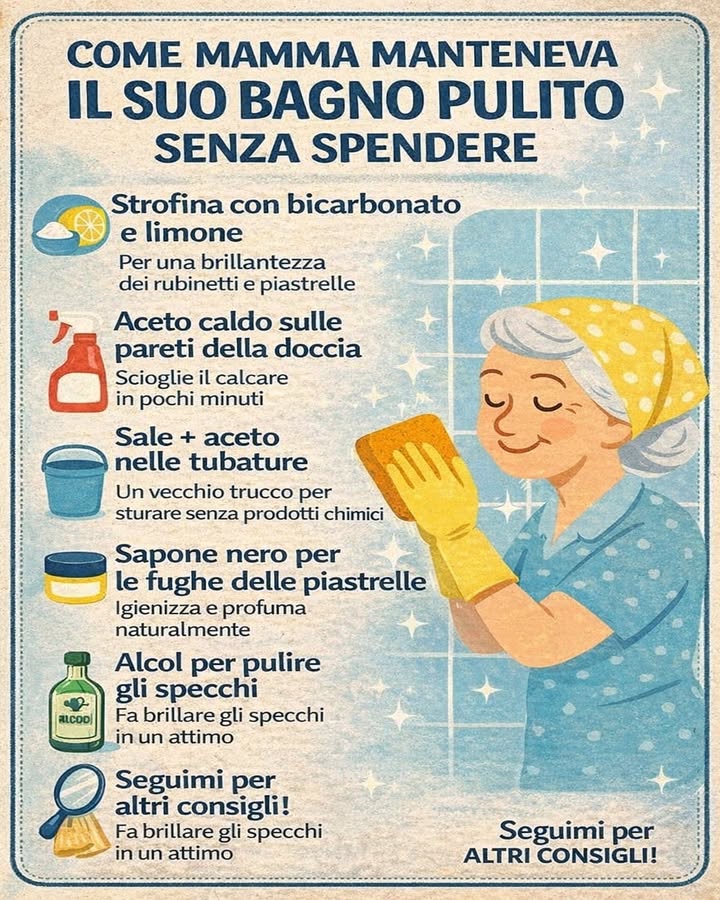 Il bagno di una volta, sempre splendente 
Un bagno pulito e profumato non richiede grandi spese né prodotti aggressivi. I rimedi tradizionali, usati con costanza, garantiscono risultati efficaci e naturali.
 Bicarbonato e limone per superfici brillanti
Strofinare rubinetti e piastrelle con bicarbonato e limone aiuta a rimuovere lo sporco e dona una brillantezza naturale.
 Aceto caldo contro il calcare
Applicato sulle pareti della doccia, laceto caldo scioglie il calcare in pochi minuti, facilitando la pulizia quotidiana.
蓼 Sale e aceto nelle tubature
Un vecchio rimedio semplice ed efficace per mantenere gli scarichi puliti senza ricorrere a prodotti chimici.
識 Sapone nero per le fughe
Ideale per igienizzare le fughe delle piastrelle, pulisce a fondo e lascia un profumo delicato e naturale.
爵 Alcol per specchi perfetti
Usato con un panno morbido, lalcol elimina aloni e fa brillare gli specchi in pochissimo tempo.
 Pulizia semplice e senza sprechi
Questi metodi tradizionali permettono di mantenere il bagno pulito, profumato e curato, unendo praticità, risparmio e rispetto per lambiente.