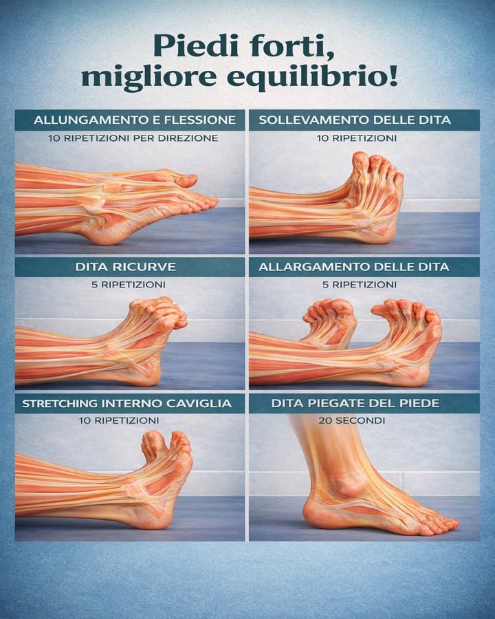 禮 Piedi forti, equilibrio migliore

Prendersi cura dei piedi aiuta a migliorare stabilità, mobilità e controllo nei movimenti di ogni giorno. Con esercizi semplici e costanti, è possibile rendere il piede più attivo, elastico e funzionale.

 Allungamento e flessione
Esegui 10 ripetizioni per direzione, alternando il movimento in avanti e indietro. Questo esercizio aiuta a mobilizzare il piede e a risvegliare la muscolatura.

 Sollevamento delle dita
Fai 10 ripetizioni sollevando le dita mantenendo il resto del piede ben appoggiato. È utile per migliorare coordinazione, controllo e attivazione muscolare.

 Dita ricurve
Completa 5 ripetizioni curvando le dita in modo lento e controllato. Questo movimento favorisce forza e consapevolezza nella parte anteriore del piede.

 Allargamento delle dita
Esegui 5 ripetizioni cercando di distanziare le dita il più possibile in modo naturale. Aiuta a migliorare la mobilità e a distribuire meglio il carico.

 Stretching interno caviglia
Fai 10 ripetizioni con un movimento fluido e senza forzare. Questo esercizio sostiene la mobilità della caviglia e contribuisce a una postura più stabile.

 Dita piegate del piede
Mantieni la posizione per 20 secondi, respirando in modo regolare. È un ottimo lavoro di allungamento e rinforzo per la struttura del piede.

Una routine breve come questa, inserita con regolarità nella giornata, può sostenere equilibrio, appoggio e benessere generale. Piedi più forti significano una base più solida per tutto il corpo.