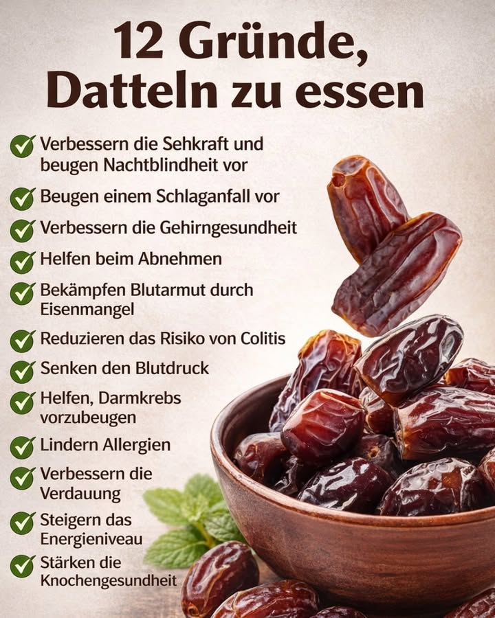 12 Gründe, warum Datteln so gesund sind 

Datteln gehören zu den ältesten Früchten der Welt  und das aus gutem Grund. Sie sind nicht nur köstlich süß, sondern auch reich an wertvollen Nährstoffen, die unseren Körper täglich unterstützen können.

 Hier sind 12 gute Gründe, regelmäßig Datteln zu essen :

 Unterstützen die Sehkraft
Datteln enthalten wichtige Antioxidantien, die helfen können, die Augen zu schützen und die Sehkraft zu erhalten.

 Tragen zur Herzgesundheit bei
Dank ihres Kaliumgehalts können Datteln helfen, den Blutdruck zu regulieren und das Herz zu unterstützen.

 Fördern die Gehirnfunktion
Bestimmte Inhaltsstoffe wirken entzündungshemmend und können die geistige Leistungsfähigkeit unterstützen.

 Wirken gegen Eisenmangel
Datteln sind eine natürliche Eisenquelle und können zur Bildung roter Blutkörperchen beitragen.

 Unterstützen eine gesunde Verdauung
Ihr hoher Ballaststoffgehalt fördert die Darmtätigkeit und hilft, die Verdauung in Balance zu halten.

 Schützen den Darm
Regelmäßiger Verzehr kann zur Darmgesundheit beitragen und das Gleichgewicht der Darmflora unterstützen.

 Können Allergiesymptome lindern
Einige natürliche Verbindungen in Datteln können entzündungshemmend wirken.

 Liefern natürliche Energie
Durch ihren natürlichen Zuckergehalt sind Datteln ein idealer Energiespender für den Alltag.

 Stärken die Knochen
Sie enthalten Mineralstoffe wie Magnesium, Kalzium und Phosphor, die wichtig für starke Knochen sind.

 Unterstützen das Immunsystem
Antioxidantien helfen dem Körper, sich gegen freie Radikale zu schützen.

 Gut für Haut und Haare
Vitamine und Mineralstoffe tragen zu einem gesunden Hautbild bei.

 Natürlich & unverarbeitet
Datteln sind ein reines Naturprodukt  ganz ohne künstliche Zusätze.

北 Tipp:
Datteln eignen sich perfekt als Snack, im Joghurt, im Porridge oder fein gehackt im Salat.