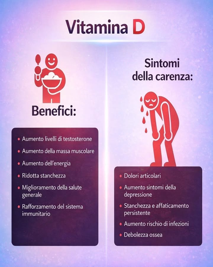 Vitamina D e benessere 

La vitamina D è fondamentale per lequilibrio dellorganismo e contribuisce a sostenere energia, difese immunitarie e salute generale. Una sua corretta presenza può fare la differenza nel benessere quotidiano, mentre una carenza può manifestarsi con segnali da non trascurare.

 Supporta forza ed energia
La vitamina D è associata a una migliore vitalità generale e può contribuire a ridurre la sensazione di stanchezza, sostenendo anche la funzionalità muscolare.

領 Aiuta ossa e articolazioni
Un livello adeguato favorisce la salute dellapparato scheletrico e aiuta a mantenere una buona struttura ossea nel tempo.

 Rafforza il sistema immunitario
È un nutriente importante per il corretto funzionamento delle difese naturali dellorganismo e per il mantenimento di un equilibrio generale.

 La carenza può portare affaticamento persistente
Tra i segnali più comuni possono comparire stanchezza continua, calo di energia e una sensazione generale di debolezza.

 Può influire anche sullumore
Livelli bassi di vitamina D possono essere associati a un peggioramento del benessere emotivo e a una maggiore fragilità sul piano mentale.

 Anche infezioni e dolori possono essere segnali da considerare
Una carenza può accompagnarsi a dolori articolari, maggiore vulnerabilità alle infezioni e minore robustezza ossea.

Mantenere un buon equilibrio di vitamina D significa prendersi cura del proprio benessere in modo completo e consapevole. Conoscere benefici e possibili segnali di carenza aiuta a comprendere meglio le esigenze del corpo in ogni fase della vita.