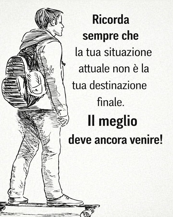 Il tuo cammino continua

A volte la situazione in cui ti trovi oggi può sembrare definitiva. In realtà è solo una tappa del percorso che ti sta portando verso qualcosa di migliore.

 Accetta il punto in cui sei
Riconoscere la propria situazione attuale è il primo passo per crescere. Ogni fase della vita ha un ruolo nel costruire la versione futura di te stesso.

 Mantieni chiara la direzione
Anche quando i progressi sembrano lenti, avere una meta chiara aiuta a restare concentrati. La direzione conta più della velocità.

 Trasforma le difficoltà in apprendimento
Le sfide non sono solo ostacoli, ma occasioni per sviluppare nuove competenze, rafforzare il carattere e migliorare le proprie strategie.

 Dai tempo ai risultati
I cambiamenti significativi richiedono costanza e pazienza. Ogni piccolo passo costruisce qualcosa di più grande nel tempo.

La situazione di oggi non definisce il traguardo finale. Con perseveranza e consapevolezza, il meglio ha ancora spazio per arrivare.