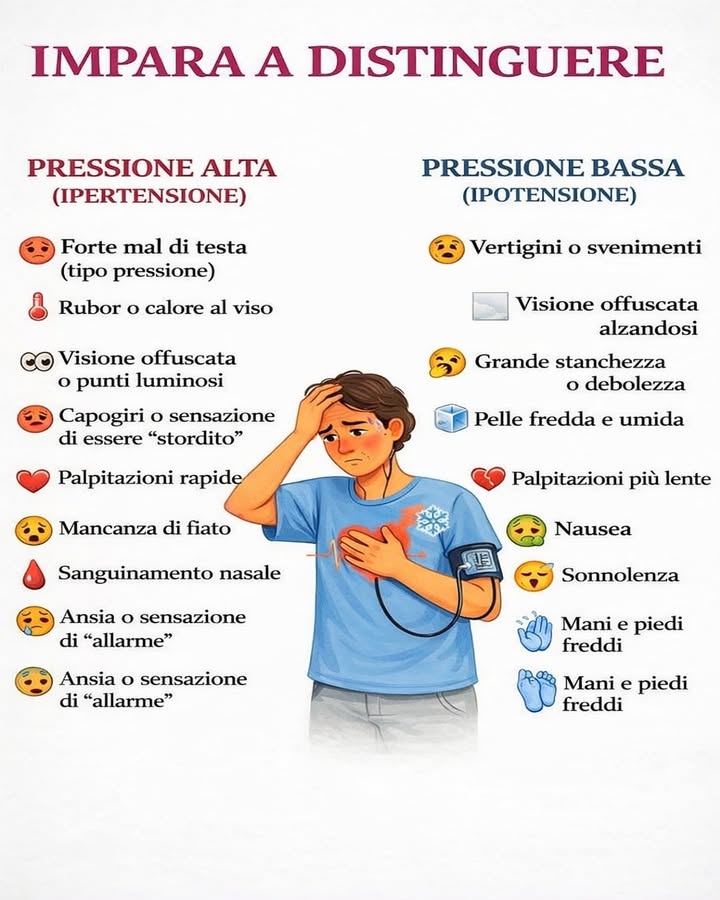 Pressione alta o bassa: imparare a distinguerle 
Conoscere i segnali del corpo aiuta a interpretare meglio ciò che sta accadendo e a prendersi cura della propria salute. La pressione arteriosa può manifestarsi in modi diversi a seconda che sia alta o bassa.
 Pressione alta ipertensione
Può presentarsi con forte mal di testa di tipo pulsante, spesso accompagnato da una sensazione di pressione.
 Rossore o calore al viso indicano un aumento della circolazione superficiale.
 Visione offuscata o presenza di puntini luminosi possono comparire in modo improvviso.
 Capogiri o sensazione di stordimento segnalano uno sforzo del sistema cardiovascolare.
 Palpitazioni rapide e mancanza di fiato possono essere percepite come segnali di allarme.
喝 In alcuni casi si manifesta anche sanguinamento dal naso o uno stato di ansia marcata.
 Pressione bassa ipotensione
Si riconosce spesso da vertigini o episodi di svenimento, soprattutto quando ci si alza in piedi.
 La visione può diventare offuscata durante i cambi di posizione.
 Stanchezza intensa e debolezza generale sono segnali frequenti.
流 Pelle fredda e umida indica una ridotta circolazione periferica.
 Le palpitazioni tendono a essere più lente e accompagnate da nausea o sonnolenza.
理 Mani e piedi freddi sono comuni e persistenti.
Riconoscere le differenze tra pressione alta e bassa permette di comprendere meglio i segnali del corpo e di mantenere un approccio più consapevole al benessere quotidiano.