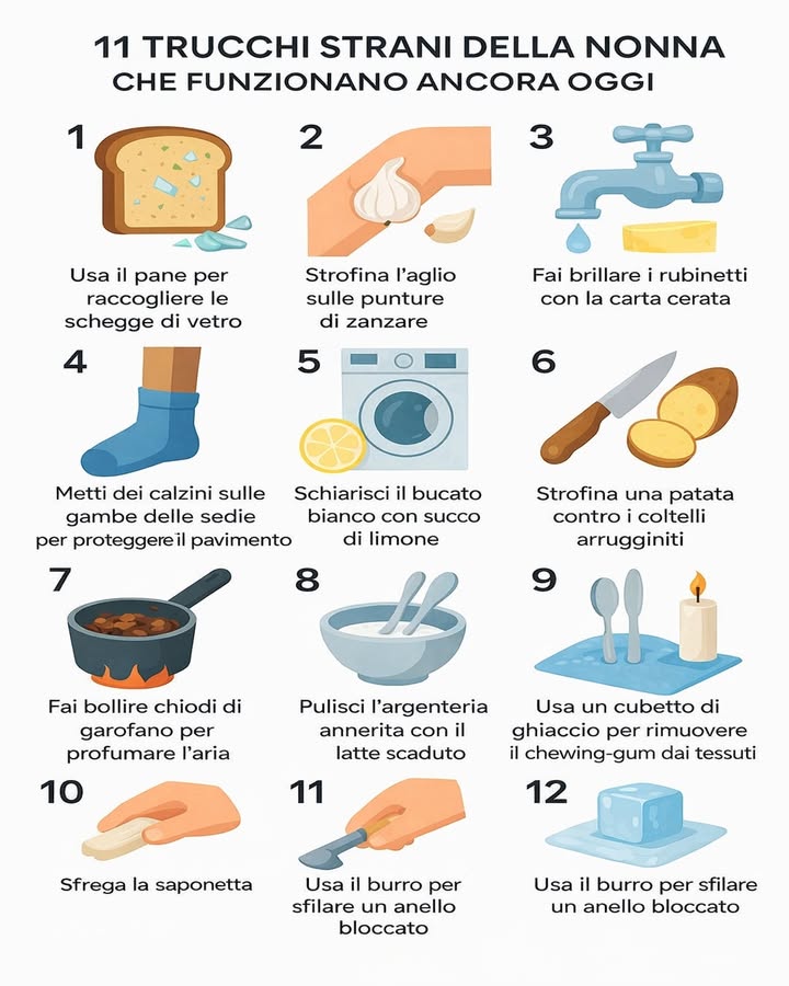 I segreti della nonna che funzionano ancora 
I rimedi della nonna nascono dallesperienza quotidiana e, sorprendentemente, sono ancora utilissimi oggi. Soluzioni semplici, naturali e intelligenti che aiutano a risolvere piccoli problemi di casa in modo pratico.
 Pane per i frammenti di vetro
Un pezzo di pane morbido raccoglie facilmente le schegge più piccole, rendendo la pulizia più sicura.
龍 Aglio sulle punture di zanzara
Strofinato delicatamente sulla pelle, aiuta a ridurre prurito e fastidio grazie alle sue proprietà naturali.
炙 Carta forno per rubinetti brillanti
Passata sui rubinetti, rimuove aloni e calcare lasciando una superficie lucida.
罹 Calzini sui piedi delle sedie
Proteggono il pavimento da graffi e riducono il rumore quando si spostano le sedie.
 Succo di limone per il bucato
Aggiunto al lavaggio, contribuisce a sbiancare i tessuti in modo naturale.
凜 Patata contro la ruggine
Strofinata sulle lame arrugginite, aiuta a rimuovere lossidazione superficiale.
 Chiodi di garofano per profumare laria
Fatti bollire in acqua, rilasciano un profumo caldo e gradevole nellambiente.
拏 Latte acido per largenteria
Ideale per pulire largento annerito e restituirgli brillantezza.
 Candela sui cassetti
Passata sulle guide, facilita lo scorrimento e riduce gli attriti.
 Ghiaccio per il chewing-gum
Il freddo indurisce la gomma, rendendo più semplice rimuoverla dai tessuti.
 Tradizione e praticità
Questi piccoli trucchi dimostrano che la saggezza di una volta resta una risorsa preziosa anche nella vita moderna, unendo semplicità ed efficacia.