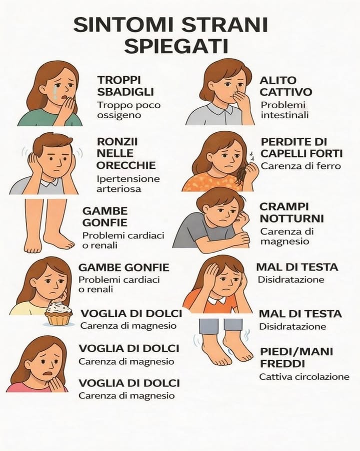 喙 Sintomi strani spiegati 易
Alcuni segnali del corpo possono sembrare insoliti, ma spesso hanno una spiegazione precisa. Osservarli con attenzione aiuta a comprendere meglio lo stato generale dellorganismo.
 Sbadigli frequenti
Possono indicare una ridotta ossigenazione, spesso legata a stanchezza o respirazione superficiale.
 Alito cattivo persistente
È spesso associato a difficoltà digestive o a un equilibrio intestinale alterato.
 Ronzii nelle orecchie
Talvolta collegati a problemi di pressione arteriosa o a tensioni prolungate.
六鈴 Perdita di capelli marcata
Può essere un segnale di carenza di ferro, fondamentale per la vitalità dei tessuti.
例 Gambe gonfie
Possono riflettere una ritenzione legata alla circolazione o al funzionamento renale e cardiaco.
 Crampi notturni
Spesso associati a una carenza di magnesio, importante per la funzione muscolare.
洛 Mal di testa ricorrente
La disidratazione è una delle cause più comuni, soprattutto durante giornate intense.
 Voglia costante di dolci
Può indicare un basso livello di magnesio, coinvolto nella regolazione energetica.
 Piedi e mani freddi
Generalmente collegati a una circolazione poco efficiente.
Ogni sintomo rappresenta un segnale da interpretare con equilibrio e attenzione. Prendersi cura del corpo significa ascoltarlo e sostenere il benessere quotidiano con scelte consapevoli.