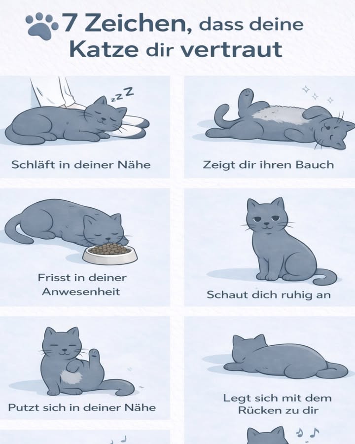 7 Zeichen, dass deine Katze dir vertraut 

Vertrauen ist für Katzen nichts Selbstverständliches  es muss sich langsam aufbauen. Wenn deine Katze diese Verhaltensweisen zeigt, kannst du dir sicher sein: Sie fühlt sich bei dir wirklich sicher.

1 Sie schläft in deiner Nähe
Schlaf ist für Katzen ein verletzlicher Zustand. Wenn sie sich neben dich legt, zeigt das tiefes Vertrauen.

2 Sie zeigt dir ihren Bauch
Der Bauch ist die empfindlichste Körperstelle. Wenn deine Katze ihn offen präsentiert, bedeutet das: Ich fühle mich sicher bei dir.

3 Sie frisst in deiner Anwesenheit
Fressen erfordert Ruhe. Eine Katze, die entspannt in deiner Nähe frisst, empfindet dich nicht als Bedrohung, sondern als Schutz.

4 Sie schaut dich ruhig an
Ein sanfter, langsamer Blick  vielleicht sogar mit leichtem Blinzeln  ist bei Katzen ein echtes Liebeszeichen.

5 Sie putzt sich in deiner Nähe
Körperpflege ist ein entspanntes Verhalten. Wenn sie das neben dir tut, fühlt sie sich vollkommen wohl.

6 Sie legt sich mit dem Rücken zu dir
Das bedeutet: Ich vertraue dir genug, um dir meine ungeschützte Seite zu zeigen.

7 Sie bleibt entspannt und schnurrt in deiner Gegenwart
Ein ruhiges Schnurren und lockere Körpersprache sind klare Zeichen von Geborgenheit.

Katzen zeigen Liebe auf ihre eigene, subtile Weise. Wenn du mehrere dieser Zeichen erkennst, hast du dir ihr Vertrauen wirklich verdient.