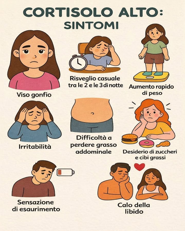 易 Cortisolo alto: segnali da ascoltare 
Il cortisolo è lormone dello stress e, quando resta elevato a lungo, può influenzare corpo e mente. Questa immagine riassume alcuni segnali comuni che possono comparire in situazioni di stress prolungato.
  Viso gonfio
Livelli elevati di cortisolo favoriscono la ritenzione idrica, rendendo il viso più pieno e meno definito.
  Risvegli notturni precoci
Lo stress può interferire con il ritmo sonno-veglia, causando risvegli improvvisi nelle ore più profonde della notte.
  Aumento rapido di peso
Il cortisolo influisce sul metabolismo e può favorire laccumulo di grasso, soprattutto in periodi di forte pressione emotiva.
  Irritabilità e tensione emotiva
Una stimolazione continua del sistema nervoso rende più difficile mantenere calma e stabilità emotiva.
  Difficoltà a perdere grasso addominale
Il grasso nella zona addominale è particolarmente sensibile allazione del cortisolo, rendendo più complesso ridurlo.
  Desiderio di zuccheri e cibi grassi
Lo stress spinge il corpo a cercare energia rapida, aumentando la voglia di alimenti ricchi di zuccheri e grassi.
  Sensazione di esaurimento costante
Anche con il riposo, il corpo può sentirsi affaticato quando lo stress è continuo e non gestito.
  Calo della libido
Leccesso di cortisolo può interferire con altri ormoni, influenzando il desiderio e lequilibrio relazionale.
Riconoscere questi segnali aiuta a comprendere meglio il legame tra stress e benessere, favorendo una maggiore attenzione allequilibrio fisico ed emotivo nel quotidiano.