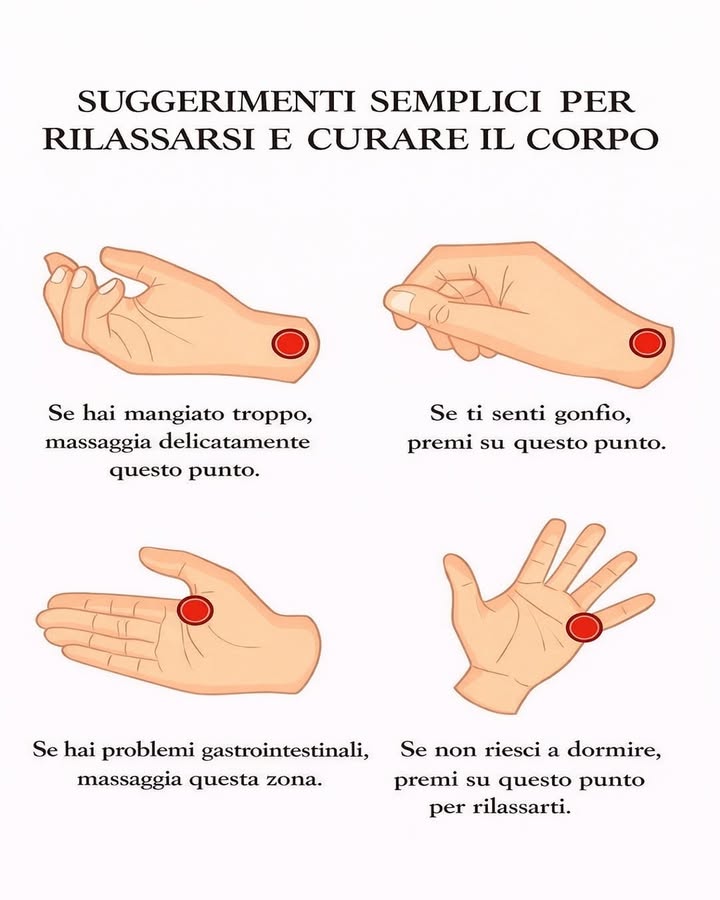 爐 Semplici gesti per rilassare il corpo 爐
Piccoli rituali quotidiani possono aiutare a ritrovare equilibrio e benessere. La stimolazione delicata di alcuni punti della mano è una pratica tradizionale usata per favorire il rilassamento e alleviare fastidi comuni.
 Dopo aver mangiato troppo, un leggero massaggio può aiutare a ritrovare comfort
 In caso di gonfiore, una pressione delicata favorisce la distensione
 Per i disturbi gastrointestinali, massaggiare alcune zone della mano è parte delle pratiche tradizionali
 Nei momenti di difficoltà nel riposo, la stimolazione di specifici punti è associata al rilassamento
Ascoltare il proprio corpo e dedicarsi piccoli momenti di cura è un modo semplice per prendersi tempo e ritrovare armonia.
