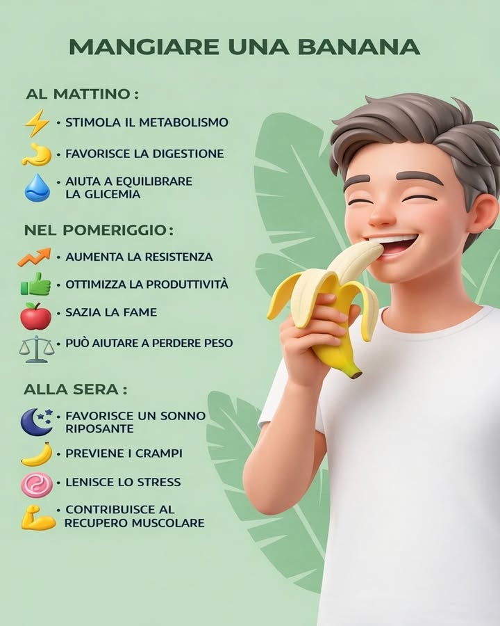 Mangiare una banana ogni giorno 
Un gesto semplice che sostiene il benessere
La banana è un alimento pratico e nutriente che si adatta a diversi momenti della giornata. Consumata al momento giusto, può offrire benefici specifici per energia, digestione e recupero.
 Al mattino
Favorisce lattivazione del metabolismo grazie ai carboidrati naturali, supporta la digestione ed aiuta a mantenere più stabile la glicemia nelle prime ore della giornata.
 Nel pomeriggio
Contribuisce ad aumentare la resistenza fisica e mentale, sostiene la produttività e aiuta a controllare la fame, risultando utile anche nei percorsi di gestione del peso.
 Alla sera
Favorisce un sonno più rilassante grazie al contenuto di magnesio e triptofano, aiuta a prevenire i crampi, riduce la sensazione di stress e supporta il recupero muscolare.
Integrare la banana nella propria alimentazione quotidiana è una scelta equilibrata e versatile. Un alimento naturale che accompagna il corpo nelle diverse fasi della giornata con semplicità e funzionalità.
