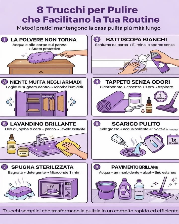 識 Pulire meglio, con meno fatica
Una casa ordinata non richiede necessariamente più tempo, ma metodi intelligenti. Piccoli trucchi pratici aiutano a mantenere le superfici pulite più a lungo e a semplificare la routine quotidiana.
襁 La polvere non ritorna
Inumidire leggermente il panno con acqua e una goccia di olio crea uno strato protettivo che rallenta il deposito della polvere.
犯 Battiscopa più puliti
La schiuma da barba aiuta a rimuovere lo sporco senza lasciare aloni, rendendo la pulizia veloce ed efficace.
 Armadi senza muffa
Inserire fogli di sughero allinterno assorbe lumidità e protegge i tessuti nel tempo.
狀 Tappeti senza odori
Bicarbonato ed essenze naturali neutralizzano i cattivi odori. Dopo il tempo di posa, una semplice aspirazione completa il risultato.
 Lavandino brillante
Un velo di olio naturale o cera, passato con un panno, dona lucentezza e rallenta la formazione di aloni.
 Scarico più pulito
Sale grosso e acqua bollente aiutano a prevenire accumuli e cattivi odori se usati con regolarità.
什 Spugna igienizzata
Una spugna bagnata con detergente può essere igienizzata rapidamente nel microonde, mantenendo più sicura la pulizia quotidiana.
粒 Pavimenti luminosi
Una miscela equilibrata di acqua, ammorbidente e alcol aiuta a ottenere superfici brillanti e profumate.
 Piccoli accorgimenti costanti rendono la pulizia più semplice ed efficiente. Con questi trucchi pratici, la casa resta ordinata più a lungo e la routine diventa più leggera.