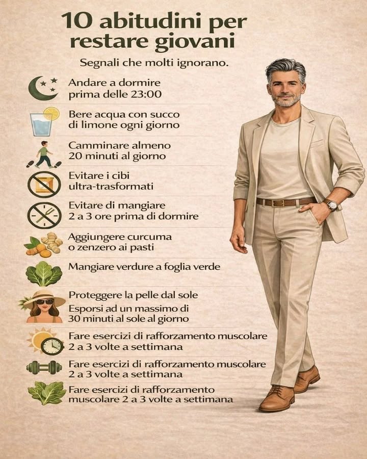 10 abitudini per restare giovani 

Restare giovani non è solo una questione estetica, ma soprattutto di stile di vita. Piccole abitudini quotidiane possono fare una grande differenza nel tempo.

 Dormire prima delle 23:00
Un sonno regolare e anticipato favorisce il recupero cellulare e il benessere generale.

 Bere acqua con limone ogni giorno
Aiuta lidratazione e supporta il sistema digestivo in modo naturale.

 Camminare almeno 20 minuti al giorno
Lattività fisica leggera migliora la circolazione e mantiene il corpo attivo.

 Evitare cibi ultra-trasformati
Ridurre gli alimenti industriali contribuisce a mantenere energia e salute nel tempo.

 Non mangiare prima di dormire
Lasciare 2-3 ore tra cena e sonno facilita la digestione e migliora la qualità del riposo.

 Aggiungere curcuma e zenzero ai pasti
Queste spezie hanno proprietà antinfiammatorie e supportano il metabolismo.

塞 Mangiare verdure a foglia verde
Ricche di vitamine e minerali, aiutano a mantenere il corpo giovane e vitale.

 Proteggere la pelle dal sole
Limitare lesposizione e prendersi cura della pelle aiuta a prevenire linvecchiamento precoce.

 Fare esercizi di rafforzamento muscolare
Allenarsi 2-3 volte a settimana mantiene forza, postura e tonicità.

律 Mantenere equilibrio e costanza
La regolarità nelle abitudini è la chiave per risultati duraturi nel tempo.

Adottare uno stile di vita equilibrato permette di preservare energia, salute e benessere, valorizzando ogni fase della vita con naturalezza.