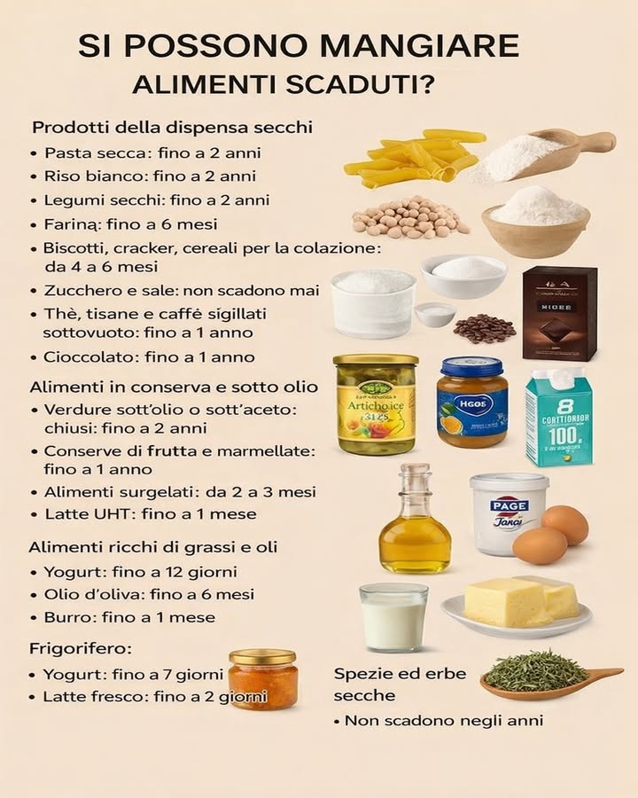 Alimenti scaduti e sicurezza 
Capire la differenza tra data di scadenza e termine minimo di conservazione aiuta a ridurre gli sprechi senza compromettere la sicurezza. Alcuni alimenti, se ben conservati, possono essere consumati anche dopo la data indicata.
茶 Indicazioni utili per categoria
 Prodotti secchi da dispensa: pasta, riso e legumi secchi possono durare fino a due anni se integri e ben chiusi, mentre farina e prodotti da forno hanno una durata più breve.
 Zucchero, sale, tè e caffè: non scadono facilmente e mantengono le loro caratteristiche a lungo nel tempo.
龎 Conserve e alimenti in scatola: verdure sottolio o sottaceto e marmellate possono essere consumate entro un anno o più se il contenitore è intatto.
 Alimenti surgelati: mantengono la qualità per alcuni mesi se la catena del freddo è rispettata.
杻 Alimenti grassi: olio, burro e prodotti sottolio richiedono maggiore attenzione perché possono irrancidire.
流 Prodotti da frigorifero: yogurt e latte fresco hanno tempi più brevi e vanno consumati con cautela.
 Spezie ed erbe secche: possono durare anni, anche se col tempo perdono intensità aromatica.
Una corretta conservazione, insieme allosservazione di odore, colore e consistenza, permette di gestire gli alimenti in modo più consapevole, riducendo gli sprechi e mantenendo qualità e sicurezza a tavola.