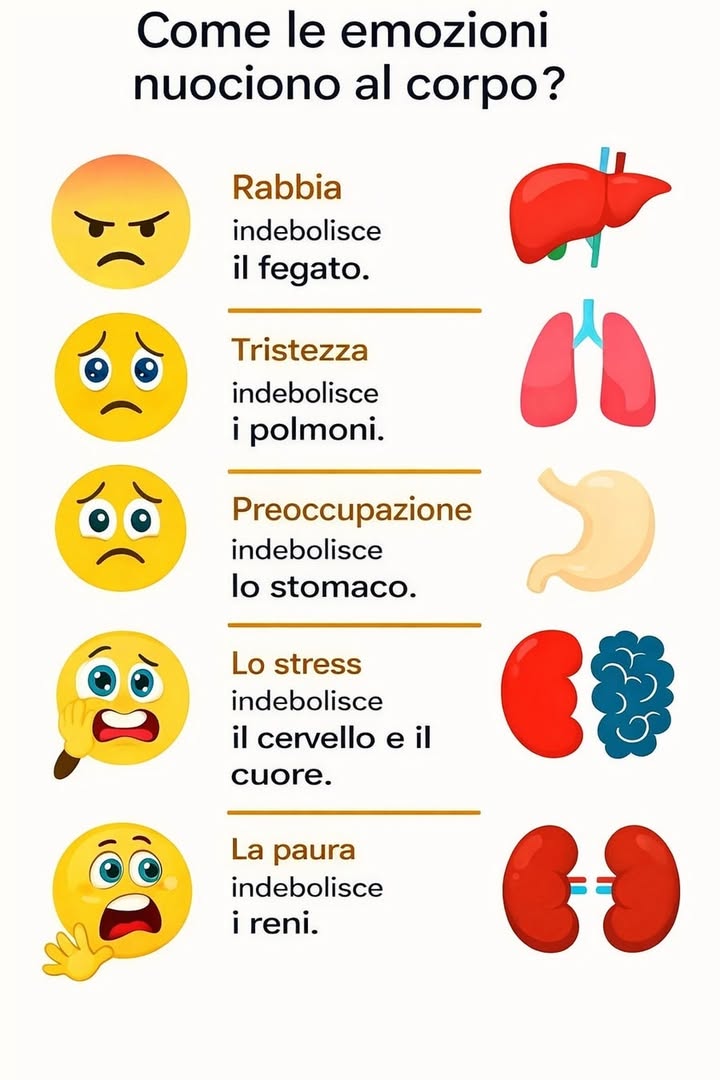 Emozioni e salute: un legame profondo 易
Le emozioni intense e prolungate possono influenzare il benessere fisico più di quanto immaginiamo. Quando non vengono riconosciute o gestite, si riflettono su organi specifici e sullequilibrio generale del corpo.
 Gestire la rabbia
La rabbia costante può sovraccaricare il fegato e aumentare tensioni interne. Tecniche come respirazione profonda e attività fisica aiutano a scaricare lenergia accumulata in modo sano.
 Accogliere la tristezza
La tristezza può incidere sul respiro e sulla vitalità, coinvolgendo i polmoni. Concedersi momenti di ascolto interiore e movimento dolce favorisce un recupero graduale dellequilibrio.
 Ridurre la preoccupazione
Le tensioni continue influenzano lo stomaco e la digestione. Routine regolari, pasti equilibrati e pause mentali aiutano a stabilizzare il sistema digestivo.
 Contenere lo stress
Lo stress cronico può affaticare cervello e cuore. Organizzare le giornate con spazi di recupero e sonno di qualità sostiene concentrazione ed energia.
 Affrontare la paura
La paura prolungata può incidere sulla vitalità e sullequilibrio generale, coinvolgendo anche i reni. Tecniche di rilassamento e grounding favoriscono stabilità e sicurezza interiore.
Prendersi cura delle emozioni significa proteggere anche il corpo. Lequilibrio emotivo è una componente essenziale della salute globale e del benessere quotidiano.