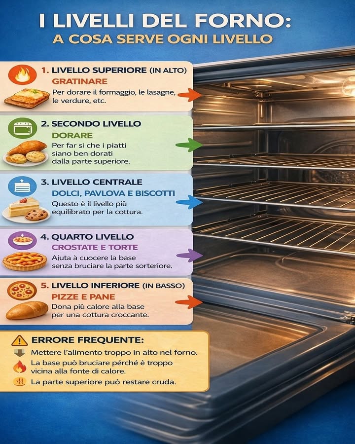 I livelli del forno spiegati bene

Ogni livello del forno distribuisce il calore in modo diverso e può cambiare molto il risultato finale. Conoscere la posizione giusta della teglia aiuta a ottenere cotture più uniformi, basi più croccanti e superfici ben dorate.

 Livello superiore per gratinare
La parte più alta del forno è ideale per gratinare e dare colore alla superficie. È perfetta per lasagne, verdure, pasta al forno e piatti che devono formare una crosticina dorata.

 Secondo livello per dorare sopra
Questo ripiano aiuta a far prendere colore alla parte superiore senza avvicinare troppo il piatto alla fonte di calore. È utile quando si vuole una finitura più intensa ma ancora controllata.

 Livello centrale per una cottura equilibrata
Il ripiano centrale è il più versatile perché offre una distribuzione del calore più uniforme. È adatto a biscotti, dolci, pan di Spagna e preparazioni che richiedono stabilità durante tutta la cottura.

 Quarto livello per crostate e torte
Questa posizione aiuta a cuocere bene la base senza far scurire troppo la parte superiore. È una scelta pratica per dolci da forno che devono restare ben bilanciati.

 Livello inferiore per pizza e pane
La parte bassa del forno trasmette più calore alla base e favorisce una cottura più croccante. È particolarmente indicata per pane, focacce e pizze.

 Lerrore più comune da evitare
Mettere il cibo nel livello sbagliato può portare a una cottura non uniforme. In alcuni casi la base può cuocere troppo in fretta, mentre la parte superiore può restare meno cotta del necessario.

 Scegliere il livello giusto migliora il risultato
Non basta impostare bene la temperatura, perché anche laltezza della teglia influisce molto. Usare il ripiano corretto rende la cottura più precisa e valorizza ogni preparazione.

Capire come usare i livelli del forno rende la cucina più semplice e più efficace. Con piccoli accorgimenti quotidiani si possono ottenere risultati più ordinati, gustosi e ben cotti.