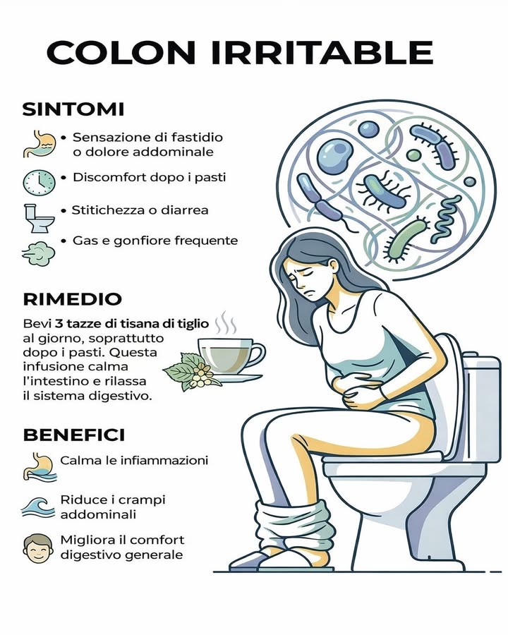 Colon irritabile: sintomi e sollievo naturale 
Il colon irritabile è un disturbo comune che può influenzare la qualità della vita quotidiana. Riconoscere i segnali e adottare piccole strategie mirate può aiutare a gestire meglio il disagio.
 Dolore o fastidio addominale
Una sensazione ricorrente di crampi o tensione nella zona addominale, spesso variabile durante la giornata.
 Discomfort dopo i pasti
Gonfiore e pesantezza che compaiono soprattutto dopo aver mangiato, anche con pasti leggeri.
 Stitichezza o diarrea
Alterazioni della regolarità intestinale, con episodi alternati che possono creare disagio.
 Gas e gonfiore frequente
Accumulo di aria nellintestino che provoca tensione e sensazione di pienezza.
 Tisana di tiglio come supporto naturale
Bere fino a tre tazze al giorno, in particolare dopo i pasti, può aiutare a rilassare lintestino. Il tiglio è noto per le sue proprietà calmanti e contribuisce a distendere la muscolatura intestinale.
 Benefici principali
Può favorire la riduzione delle infiammazioni, attenuare i crampi addominali e migliorare il comfort digestivo generale.
Gestire il colon irritabile richiede attenzione, equilibrio e ascolto del proprio corpo. Integrare rimedi naturali in uno stile di vita sano può contribuire a ritrovare maggiore serenità e benessere digestivo.