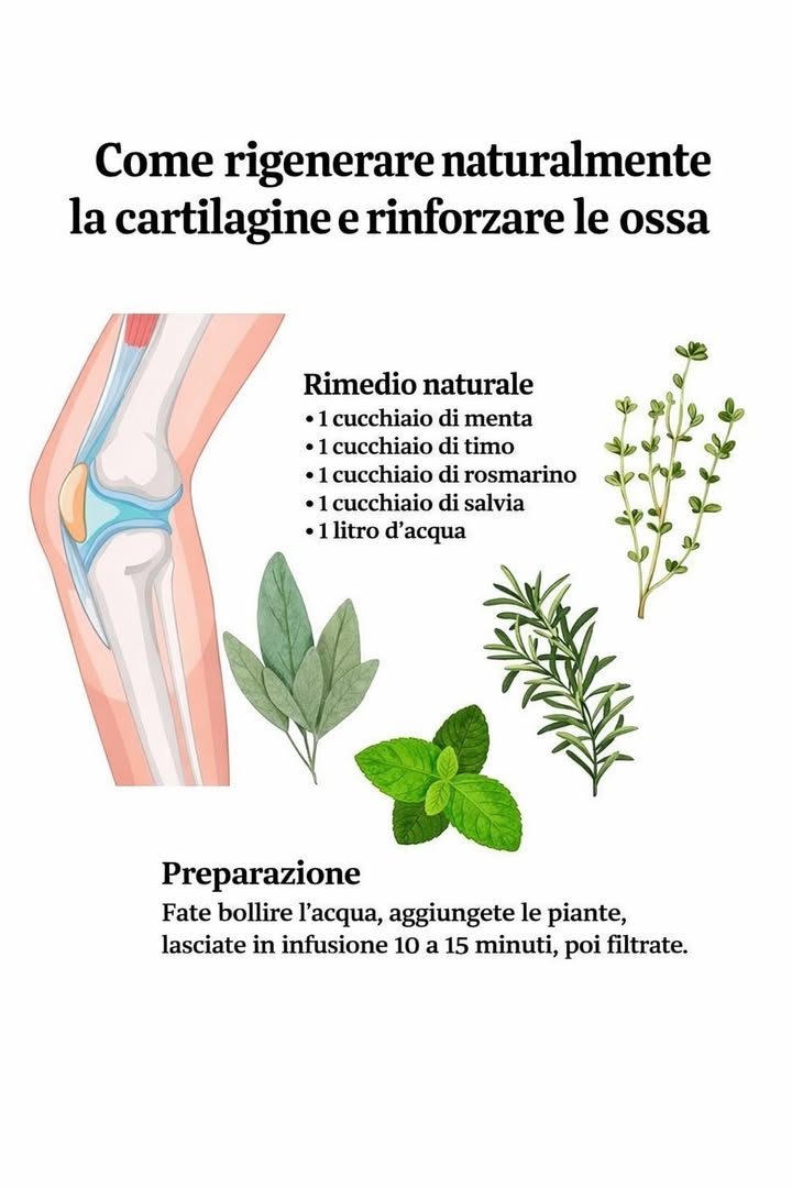 領 Cartilagine e ossa più forti 
Con il tempo, articolazioni e ossa possono perdere elasticità e resistenza. Alcuni rimedi naturali aiutano a sostenere il benessere articolare in modo delicato e complementare a uno stile di vita sano.
 Infuso alle erbe naturali
La combinazione di menta, timo, rosmarino e salvia è tradizionalmente apprezzata per le sue proprietà riequilibranti. Queste piante contengono composti naturali che supportano la funzionalità dellorganismo.
 Idratazione costante
Lacqua è fondamentale per mantenere le cartilagini elastiche e favorire i processi fisiologici delle ossa. Unadeguata idratazione contribuisce al benessere generale delle articolazioni.
 Preparazione semplice
Portare lacqua a ebollizione, aggiungere le erbe e lasciarle in infusione per 1015 minuti permette di estrarre al meglio i principi naturali. Dopo la filtrazione, linfuso risulta pronto e gradevole da consumare.
律 Supporto naturale quotidiano
Integrare rimedi naturali allinterno di una routine equilibrata aiuta a prendersi cura del corpo in modo graduale. Costanza e attenzione alle proprie esigenze fisiche favoriscono un migliore benessere articolare nel tempo.