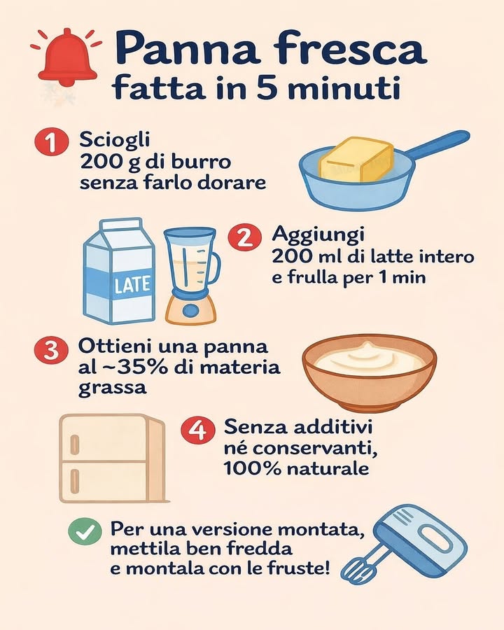 拏 Panna fresca fatta in casa in 5 minuti 
Una soluzione pratica quando serve panna fresca e non è disponibile in frigorifero. Con solo burro e latte intero si ottiene una crema liscia, naturale e perfetta per molte preparazioni.
Ingredienti:
200 g di burro
200 ml di latte intero
Preparazione:
杻 Sciogli il burro delicatamente
Metti il burro in un pentolino e fallo sciogliere a fuoco basso, senza farlo dorare. Deve diventare completamente liquido mantenendo un colore chiaro.
拏 Unisci il latte e frulla
Versa il burro fuso nel frullatore, aggiungi il latte intero e frulla per circa 1 minuto. Questo passaggio permette di emulsionare correttamente i grassi e ottenere una consistenza omogenea.
北 Lascia riposare
Trasferisci la crema in un contenitore e falla raffreddare in frigorifero finché raggiunge una consistenza più densa e stabile.
 Versione montata
Se desideri una panna montata, utilizzala ben fredda e lavorala con le fruste fino a ottenere una texture soffice e compatta.
Il risultato è una panna con circa il 35% di materia grassa, senza additivi né conservanti. Una preparazione semplice, naturale ed efficace, ideale per ricette dolci e salate.