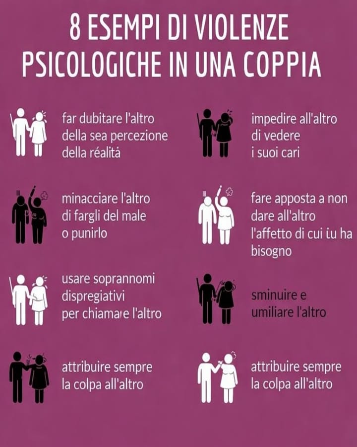 Violenza psicologica nella coppia: segnali da riconoscere 
La violenza psicologica è spesso silenziosa, ma può lasciare ferite profonde e durature. Riconoscere certi comportamenti è il primo passo per comprendere la dinamica e tutelare il proprio benessere emotivo.
易 Far dubitare della propria percezione della realtà
Manipolare laltro fino a fargli credere di esagerare o immaginare le situazioni mina la fiducia in sé stessi e crea confusione costante.
 Impedire di vedere familiari e amici
Isolare il partner dai suoi cari è una forma di controllo che riduce il sostegno esterno e aumenta la dipendenza emotiva.
 Minacciare di fare del male o punire
Anche senza violenza fisica, le minacce generano paura e sottomissione, creando un clima di tensione continua.
 Negare affetto in modo intenzionale
Privare laltro dellaffetto come forma di punizione è un comportamento manipolatorio che colpisce lautostima.
 Usare soprannomi dispregiativi
Umiliare attraverso etichette offensive riduce la dignità personale e normalizza la mancanza di rispetto.
 Sminuire e umiliare
Ridicolizzare opinioni, successi o emozioni indebolisce la sicurezza e crea un senso di inadeguatezza.
 Attribuire sempre la colpa allaltro
Scaricare ogni responsabilità sul partner impedisce un confronto sano e alimenta sensi di colpa ingiustificati.
 Controllare e manipolare le decisioni
Imporre scelte, limitare lautonomia o controllare ogni aspetto della vita quotidiana compromette la libertà personale.
Una relazione sana si basa su rispetto, fiducia e comunicazione equilibrata. Essere consapevoli di questi segnali aiuta a promuovere rapporti più sicuri, maturi e rispettosi.