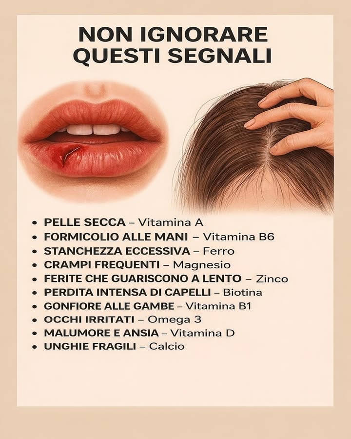 Segnali del Corpo da Non Ignorare 
Il corpo comunica costantemente il suo stato di equilibrio attraverso piccoli segnali quotidiani. Riconoscerli aiuta a comprendere meglio i bisogni nutrizionali e a sostenere il benessere generale.
林 Pelle secca
Può essere collegata a una carenza di vitamina A, essenziale per il rinnovamento e la protezione della pelle.
 Formicolio alle mani
Spesso associato a bassi livelli di vitamina B6, importante per il corretto funzionamento del sistema nervoso.
 Stanchezza eccessiva
Una possibile carenza di ferro può influire sui livelli di energia e sulla vitalità quotidiana.
例 Crampi frequenti
Il magnesio contribuisce alla funzione muscolare e al rilassamento, aiutando a ridurre questi fastidi.
啕 Ferite che guariscono lentamente
Lo zinco svolge un ruolo chiave nei processi di rigenerazione dei tessuti.
 Perdita intensa di capelli
La biotina è fondamentale per la salute di capelli, pelle e unghie.
禮 Gonfiore alle gambe
Può essere collegato a una carenza di vitamina B1, coinvolta nel metabolismo energetico.
 Occhi irritati
Gli Omega 3 aiutano a mantenere lidratazione e il comfort oculare.
 Malumore e ansia
La vitamina D sostiene lequilibrio emotivo e il benessere mentale.
 Unghie fragili
Il calcio contribuisce alla struttura e alla resistenza delle unghie.
Prestare attenzione a questi segnali permette di sostenere il corpo in modo più consapevole, favorendo equilibrio, energia e benessere nel tempo.