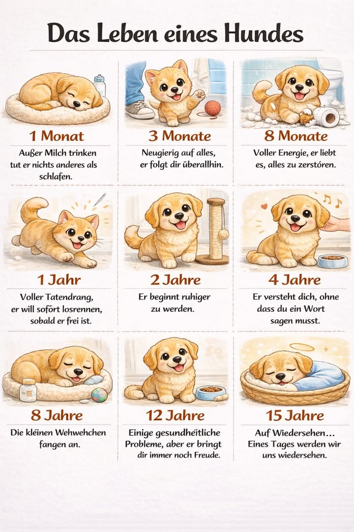 Das Leben eines Hundes 

Vom ersten Monat bis ins hohe Alter
Ein Hund wächst nicht nur an unserer Seite 
er wächst in unserem Herzen 

 Er schläft, spielt, zerstört, lernt
 Er versteht uns, ohne dass wir sprechen müssen.
 Er begleitet uns in den schönsten Momenten 
und bleibt bei uns, selbst wenn er geht.

Ein Hund ist nicht einfach ein Tier.
Er ist Familie.
Er ist Liebe.
Er ist ein Teil unseres Lebens
und wir sind sein ganzes Leben.