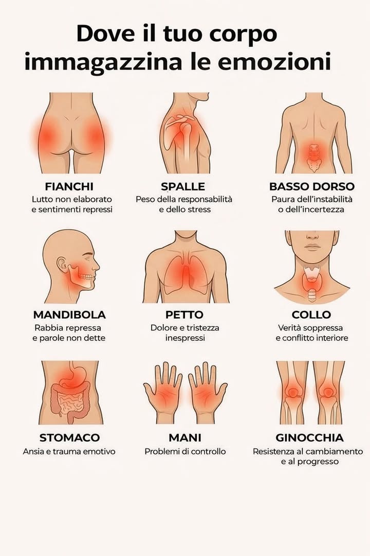Dove il corpo trattiene le emozioni 易
Il nostro corpo registra ciò che viviamo, anche quando non lo esprimiamo a parole. Tensioni, dolori e rigidità possono essere segnali di emozioni non elaborate.
 Fianchi  Accogliere il passato
Spesso collegati a lutti o sentimenti repressi. Scrivere ciò che si prova e praticare movimenti lenti di apertura del bacino può aiutare a sciogliere blocchi emotivi.
 Spalle  Alleggerire il peso
Rappresentano responsabilità e stress accumulato. Esercizi di respirazione profonda e stretching quotidiano favoriscono il rilassamento e riducono la tensione.
 Basso dorso  Ritrovare stabilità
Associato alla paura dellincertezza. Rafforzare la zona lombare con movimenti dolci e lavorare sulla fiducia personale contribuisce a creare maggiore sicurezza interiore.
 Mandibola  Lasciare andare la rabbia
La tensione mandibolare può indicare parole non dette. Tecniche di rilassamento facciale e consapevolezza del respiro aiutano a sciogliere rigidità e nervosismo.
 Petto  Liberare tristezza e dolore
Il torace è spesso collegato alle emozioni profonde. Respirazioni lente e consapevoli aprono lo spazio al rilascio emotivo e favoriscono calma e centratura.
 Collo  Esprimere la propria verità
Può riflettere conflitti interiori o difficoltà comunicative. Migliorare la postura e praticare un dialogo interiore positivo sostiene una comunicazione più autentica.
 Stomaco  Gestire ansia e tensioni
Lansia si manifesta spesso a livello digestivo. Routine regolari, alimentazione equilibrata e pause consapevoli aiutano a stabilizzare le emozioni.
 Mani  Lasciare il controllo eccessivo
Rigidità o tensione possono indicare bisogno di controllo. Attività manuali creative favoriscono il rilassamento e migliorano la connessione con il presente.
 Ginocchia  Accettare il cambiamento
Rappresentano flessibilità e adattamento. Lavorare sulla mobilità articolare e coltivare apertura mentale sostiene il progresso personale.
Ascoltare il corpo significa sviluppare maggiore consapevolezza di sé. Quando mente ed emozioni trovano equilibrio, anche il benessere fisico ne beneficia in modo naturale e armonioso.