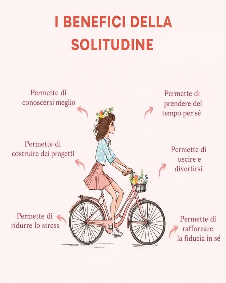 I benefici della solitudine consapevole 
La solitudine, se vissuta in modo sano, può diventare una risorsa preziosa per il benessere personale. Offre uno spazio intimo per rallentare, ascoltarsi e ritrovare equilibrio.
易 Conoscersi meglio
Il tempo trascorso da soli favorisce lintrospezione e aiuta a comprendere meglio pensieri, emozioni e bisogni personali.
 Prendersi tempo per sé
La solitudine permette di dedicare attenzione a se stessi, senza pressioni esterne o aspettative altrui.
 Costruire progetti
Momenti di calma e concentrazione aiutano a chiarire obiettivi e a dare forma a nuove idee con maggiore lucidità.
 Ridurre lo stress
Stare soli consente di rallentare i ritmi, abbassare la tensione e recuperare energia mentale ed emotiva.
 Uscire e divertirsi
La solitudine insegna a godere delle esperienze in autonomia, valorizzando la libertà e il piacere delle piccole cose.
 Rafforzare la fiducia in sé
Imparare a stare bene da soli contribuisce a sviluppare sicurezza interiore e indipendenza emotiva.
La solitudine consapevole non è isolamento, ma unopportunità per crescere, ritrovare equilibrio e costruire una relazione più autentica con se stessi.