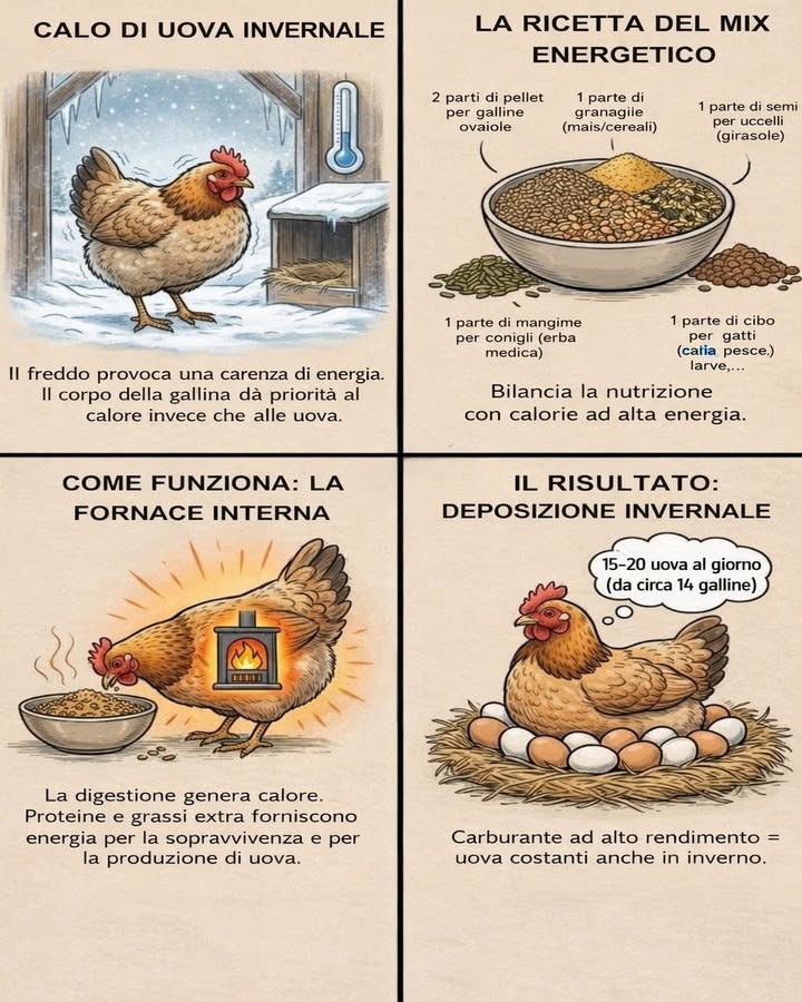 Uova anche in inverno
Durante linverno le galline consumano più energia per mantenere il calore corporeo, riducendo naturalmente la deposizione. Una nutrizione più ricca ed equilibrata aiuta il loro organismo a produrre calore e uova in modo costante.
北 Mix energetico bilanciato
Una combinazione di pellet per ovaiole, granaglie mais e cereali, semi di girasole, mangime a base di erba medica e una piccola quota di proteine animali fornisce calorie e nutrienti ad alta energia.
 La digestione come fonte di calore
Proteine e grassi extra stimolano la digestione, che genera calore interno e sostiene sia la sopravvivenza sia la produzione di uova.
 Supporto nutrizionale quotidiano
Unalimentazione completa e costante aiuta le galline a non disperdere energie inutilmente, favorendo un equilibrio tra benessere e resa.
讀 Risultato stabile anche al freddo
Con il giusto apporto energetico, la deposizione rimane regolare anche nei mesi più rigidi, garantendo uova costanti durante linverno.
Una dieta mirata è un vero carburante ad alto rendimento: sostiene la salute delle galline e mantiene la produzione anche quando le temperature scendono.