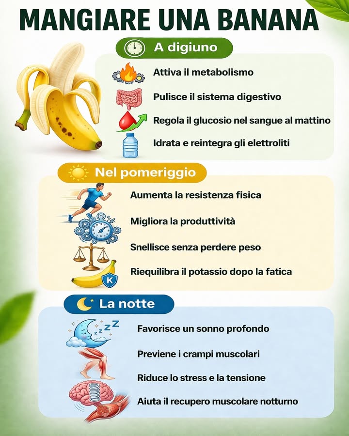 La banana nei momenti giusti

La banana è un alimento pratico, nutriente e facile da inserire nella routine quotidiana. A seconda del momento della giornata, può offrire un supporto diverso in termini di energia, equilibrio e recupero.

 Al mattino a digiuno
Può essere una scelta semplice per iniziare la giornata con energia rapida e naturale. La sua composizione aiuta a dare una sensazione di leggerezza e a sostenere il normale equilibrio dellorganismo dopo il risveglio.

 Nel pomeriggio per ritrovare slancio
È utile come pausa nutriente quando serve continuità mentale e fisica. Grazie alla presenza di carboidrati e potassio, può accompagnare bene i momenti di attività, studio o movimento.

 Dopo uno sforzo fisico
Nel corso della giornata, soprattutto dopo la fatica, può contribuire al recupero con un apporto pratico e ben tollerato. È spesso apprezzata per la sua semplicità e per la sensazione di energia stabile che offre.

 La sera in modo equilibrato
Consumata con moderazione, può rientrare anche nella routine serale. In molte persone rappresenta uno spuntino leggero, utile per chi cerca qualcosa di semplice prima del riposo notturno.

 Un aiuto per lidratazione e lequilibrio
Inserita in unalimentazione varia, può affiancare il normale mantenimento dellequilibrio dei liquidi e dei minerali. Questo la rende un frutto versatile, adatto a diversi momenti della giornata.

易 Una scelta comoda e funzionale
La banana unisce praticità, gusto e facilità di consumo. Proprio per questo viene spesso considerata una soluzione naturale e immediata per sostenere il benessere quotidiano.

Scegliere quando mangiare una banana dipende dalle proprie abitudini, dal ritmo della giornata e dalle esigenze personali. Con il suo profilo semplice e versatile, resta un alimento utile da inserire con equilibrio in uno stile di vita sano.