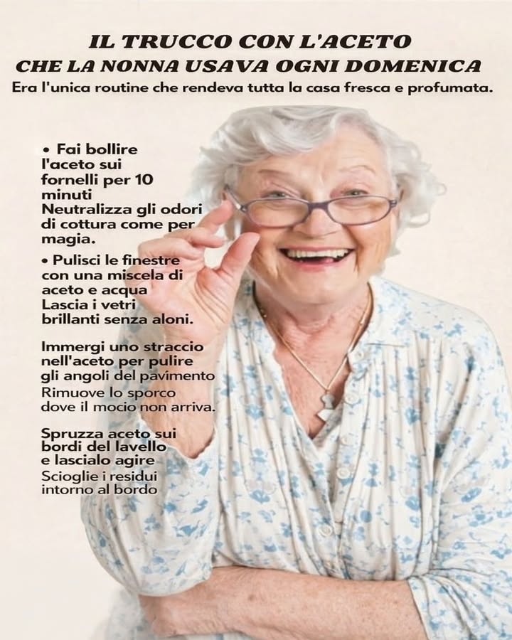林 Il trucco della nonna con laceto 
A volte i rimedi più semplici sono anche i più efficaci. Laceto, utilizzato con attenzione, può diventare un valido alleato per la pulizia quotidiana della casa.
 Fai bollire laceto per neutralizzare gli odori
Portare a ebollizione un po di aceto per alcuni minuti aiuta a ridurre gli odori persistenti di cucina, rendendo laria più fresca.
犯 Pulisci i vetri con acqua e aceto
Una miscela semplice lascia le superfici brillanti e senza aloni. È ideale per finestre e specchi.
什 Raggiungi gli angoli difficili
Imbevere un panno con aceto consente di pulire battiscopa e angoli del pavimento dove il mocio non arriva facilmente.
 Rimuovi i residui dal lavello
Spruzzare aceto sui bordi e lasciarlo agire aiuta a sciogliere i depositi di calcare e sporco.
識 Igienizza in modo naturale
Grazie alle sue proprietà, laceto può contribuire a mantenere le superfici pulite, soprattutto in cucina e in bagno.
Integrare questi piccoli accorgimenti nella routine domestica permette di ottenere ambienti più ordinati e profumati, valorizzando soluzioni semplici e tradizionali.