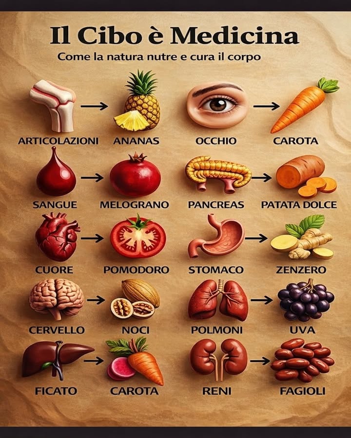 Il cibo che nutre e sostiene il corpo

La natura offre alimenti che, per forma e nutrienti, ricordano alcune parti del nostro corpo e contribuiscono al loro benessere. Inserire questi cibi nella dieta quotidiana può aiutare a sostenere diverse funzioni dellorganismo in modo naturale.

凌 Carote per la vista
Le carote sono ricche di beta-carotene e vitamina A, nutrienti importanti per la salute degli occhi. Aiutano a proteggere la vista e a sostenere il corretto funzionamento della retina.

 Ananas per le articolazioni
Lananas contiene bromelina, un enzima naturale che favorisce la digestione delle proteine e contribuisce a ridurre linfiammazione, sostenendo il benessere delle articolazioni.

 Pomodoro per il cuore
Il pomodoro è ricco di licopene, un potente antiossidante che aiuta a proteggere il sistema cardiovascolare e a sostenere la salute del cuore.

 Noci per il cervello
La forma delle noci ricorda il cervello e non è solo una coincidenza: sono ricche di omega-3, grassi buoni che contribuiscono alla funzione cognitiva e alla salute del sistema nervoso.

 Uva per i polmoni
Luva contiene antiossidanti naturali come il resveratrolo che aiutano a contrastare lo stress ossidativo e a sostenere la salute dei tessuti.

齃 Fagioli per i reni
I fagioli sono una fonte importante di fibre e proteine vegetali che supportano il metabolismo e contribuiscono allequilibrio nutrizionale dellorganismo.

Integrare questi alimenti nella propria alimentazione significa sfruttare le risorse naturali che favoriscono equilibrio, energia e benessere generale.