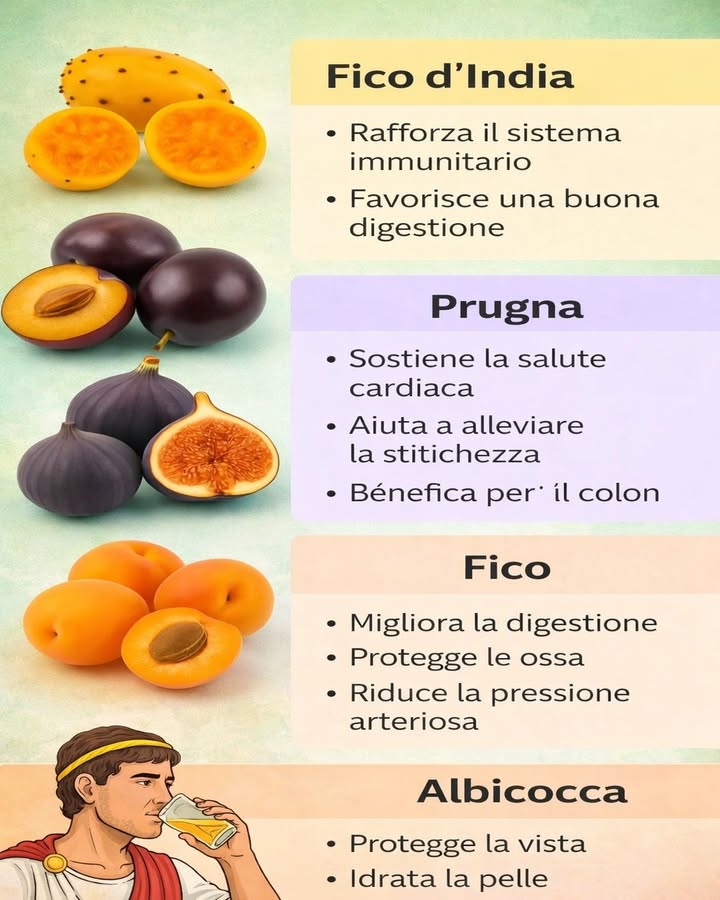 Frutti ricchi di benefici per il corpo 

Alcuni frutti non sono solo gustosi, ma offrono proprietà preziose per la salute quotidiana. Inserirli nella dieta aiuta a sostenere diverse funzioni dellorganismo in modo naturale.

 Fico dIndia  supporto immunitario
Ricco di antiossidanti, aiuta a rafforzare le difese naturali e favorisce una digestione più equilibrata.

 Prugna  benessere intestinale
Contribuisce alla salute del cuore e favorisce la regolarità intestinale, risultando utile per il colon.

 Fico  digestione e ossa
Aiuta il sistema digestivo e apporta nutrienti utili per mantenere le ossa forti, contribuendo anche allequilibrio della pressione.

 Albicocca  pelle e vista
Fonte di vitamine importanti, sostiene la salute degli occhi e contribuisce a mantenere la pelle idratata.

 Varietà e equilibrio
Ogni frutto apporta benefici diversi, ed è la combinazione a rendere lalimentazione più completa.

Integrare frutta diversa nella routine alimentare è un modo semplice per sostenere il benessere generale. Piccole scelte quotidiane possono fare una grande differenza nel tempo.