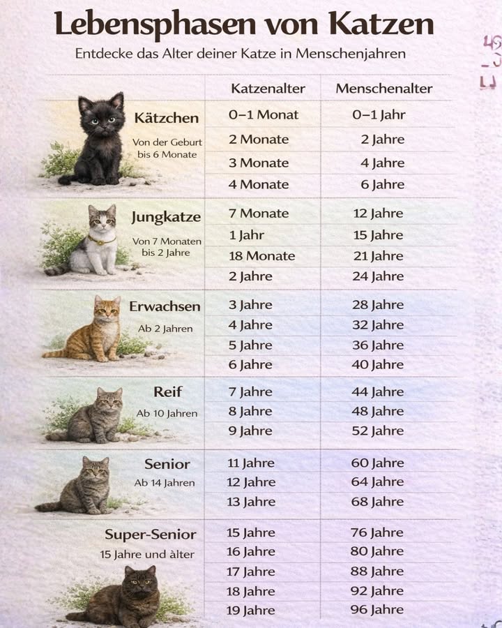 Wie alt ist deine Katze wirklich? 
Wusstest du, dass Katzen viel schneller altern als wir Menschen  vor allem in den ersten Lebensjahren?

Diese Grafik zeigt dir die Lebensphasen einer Katze und vergleicht ihr Alter mit dem Menschenalter. Du wirst überrascht sein, wie schnell aus einem kleinen Kätzchen ein Erwachsener wird !

 Zum Beispiel :

Eine 1-jährige Katze entspricht etwa einem 15-jährigen Menschen

Mit 5 Jahren ist deine Katze schon so alt wie ein 36-jähriger Mensch

Ab 15 Jahren gehört sie zu den Super-Senioren 陸

Jede Lebensphase bringt andere Bedürfnisse mit sich :
 Ernährung
 Bewegung
 Tierarztkontrollen
 Aufmerksamkeit und Ruhe

Wenn du das Alter deiner Katze besser verstehst, kannst du gezielter auf ihre Gesundheit und ihr Wohlbefinden achten