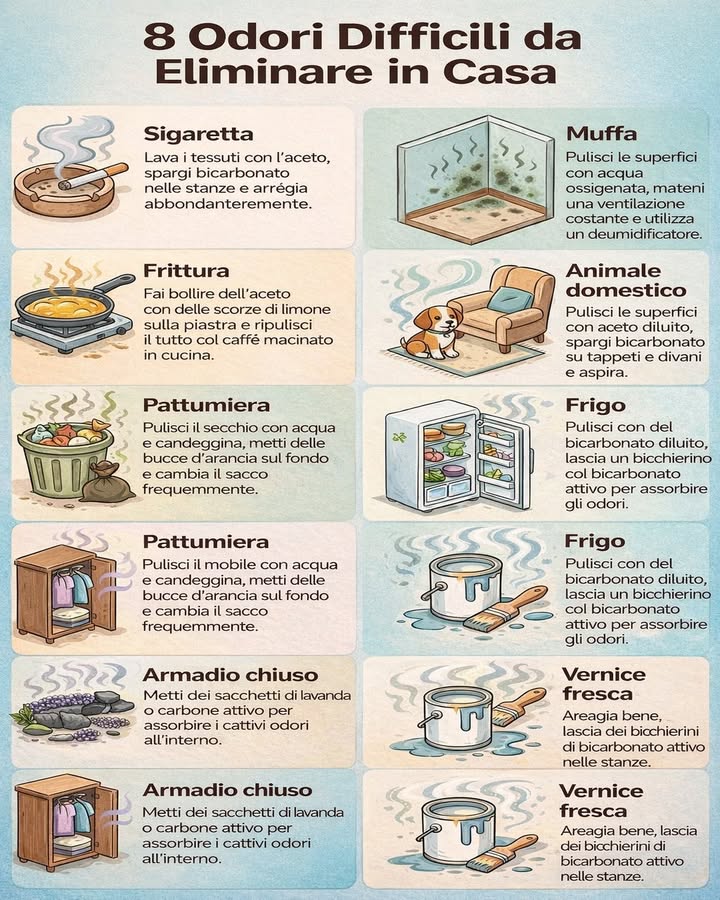 Via i cattivi odori in casa

Alcuni odori domestici sono particolarmente persistenti e tendono a impregnare tessuti, superfici e ambienti per molto tempo. Con piccoli accorgimenti mirati e costanti, è possibile rendere la casa più fresca, pulita e piacevole in modo naturale e pratico.

 Odore di sigaretta
Lavare i tessuti, arieggiare bene le stanze e usare ingredienti assorbenti come aceto e bicarbonato aiuta a ridurre lodore in modo efficace. La costanza fa la differenza soprattutto su tende, divani e cuscini.

裂 Odore di muffa
Per questo tipo di odore è importante pulire accuratamente le superfici colpite e migliorare la ventilazione degli ambienti. Un deumidificatore può essere molto utile per limitare lumidità che favorisce il problema.

 Odore di frittura
Far circolare laria subito dopo aver cucinato è il primo passo. Anche rimedi semplici come aceto, scorze di limone o ingredienti assorbenti in cucina possono aiutare a neutralizzare lodore più velocemente.

 Odore di animale domestico
La pulizia regolare di tappeti, divani, cucce e pavimenti è essenziale per mantenere un ambiente fresco. Bicarbonato, aspirazione frequente e detergenti delicati possono migliorare molto il risultato.

 Odore di pattumiera
Pulire spesso il secchio e cambiare con regolarità il sacco evita laccumulo di cattivi odori. Aggiungere sul fondo un elemento assorbente o profumato può aiutare a mantenere la zona più pulita e gradevole.

流 Odore del frigorifero
Una pulizia periodica con bicarbonato diluito è molto utile per eliminare i residui che causano cattivi odori. Lasciare allinterno un piccolo contenitore assorbente può contribuire a mantenere laria più neutra.

 Odore di armadio chiuso
Negli spazi chiusi laria tende a ristagnare facilmente. Sacchetti profumati, carbone attivo e una buona organizzazione interna aiutano a mantenere i capi più freschi e larmadio più piacevole da aprire.

 Odore di vernice fresca
Dopo aver tinteggiato, arieggiare bene gli ambienti è fondamentale. Anche in questo caso, alcuni assorbenti naturali possono aiutare a rendere lodore meno intenso nei giorni successivi.

Una casa che profuma di pulito trasmette subito una sensazione di ordine, cura e benessere. Con soluzioni semplici e buone abitudini quotidiane, anche gli odori più difficili possono diventare molto più gestibili.